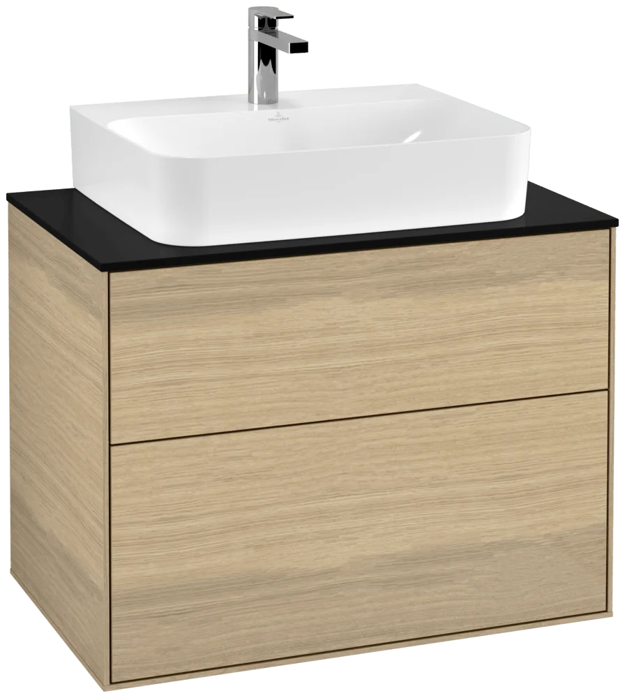 Villeroy & Boch Waschbeckenunterschrank Finion F09, Eckig Oak Veneer mit Glass Black Matt Abdeckplatte, 800 x 603 x 501 mm, 2 Auszüge mit SoftClosing und Push-to-open Funktion Villeroy & Boch Waschbeckenunterschrank Finion F09, Eckig Oak Veneer mit Glass Black Matt Abdeckplatte, 800 x 603 x 501 mm, 2 Auszüge mit SoftClosing und Push-to-open Funktion