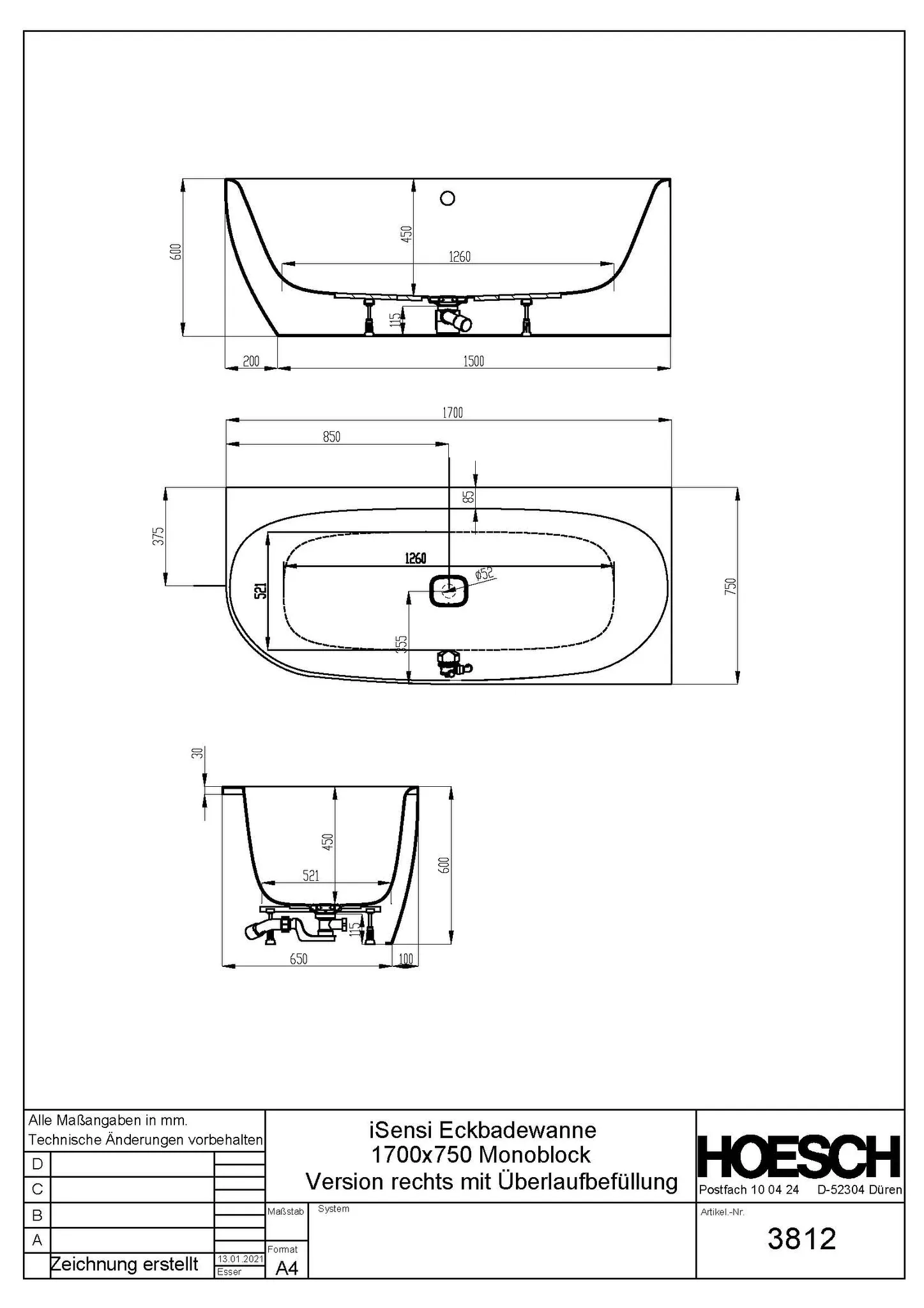 Hoesch iSensi Eck 1700x750 Monolith rechts mit Überlaufbefüllung chrom, mit angeformte Schürze Hoesch iSensi Eck 1700x750 Monolith rechts mit Überlaufbefüllung chrom, mit angeformte Schürze