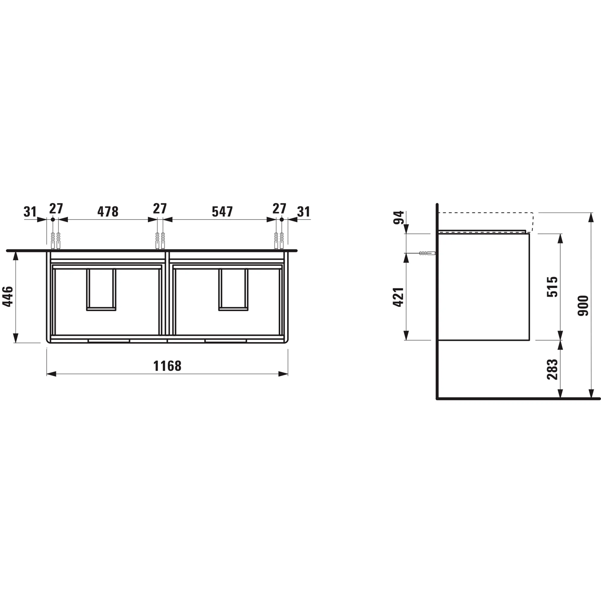 Waschtischunterbau JUNA für PRO S 446x1168x515 4 Schubladen mit Griffmulde für Waschtisch H814966 weiß matt