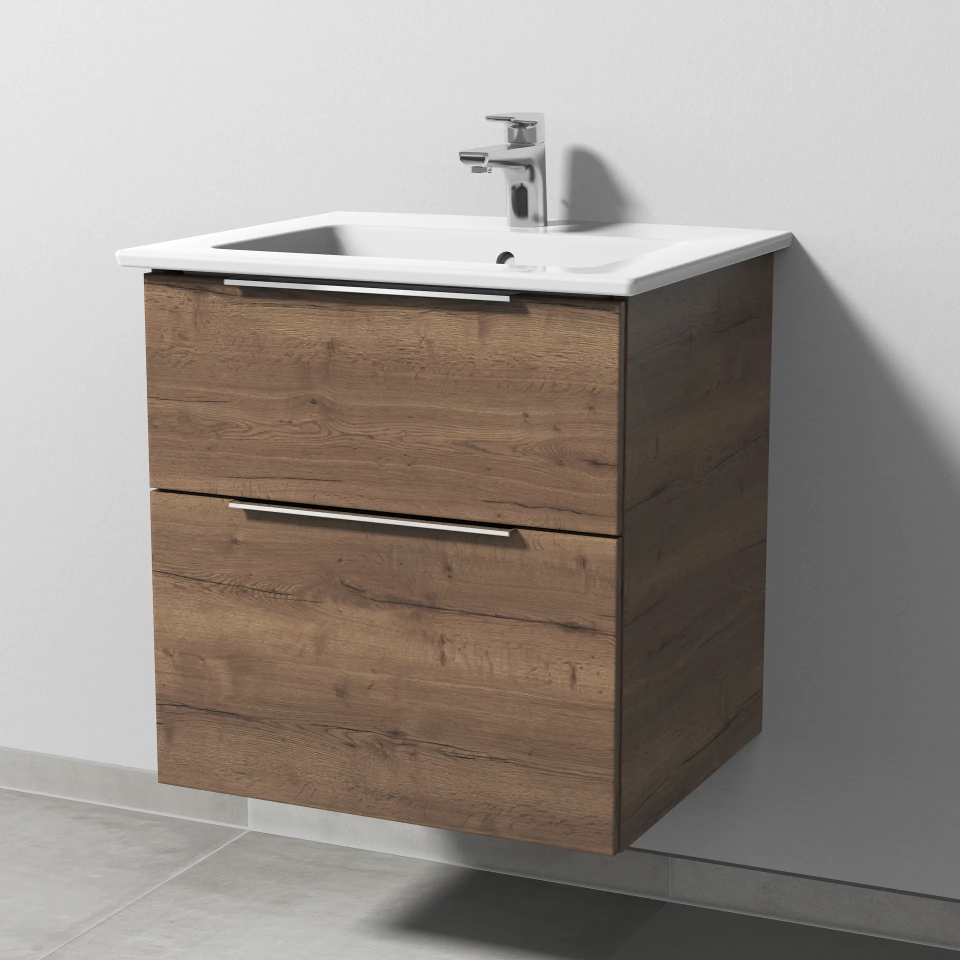Keramik-Waschtisch-Set mit Waschtischunterschrank „3way“ 55,5 × 47,7 × 59,1 cm in Eiche Tabak, mit Hahnlochbohrung, Becken mittig