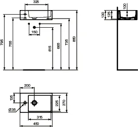 Waschbecken „Strada“ 45 × 27 × 13 cm, Hahnlochposition links Waschbecken „Strada“ 45 × 27 × 13 cm, Hahnlochposition links