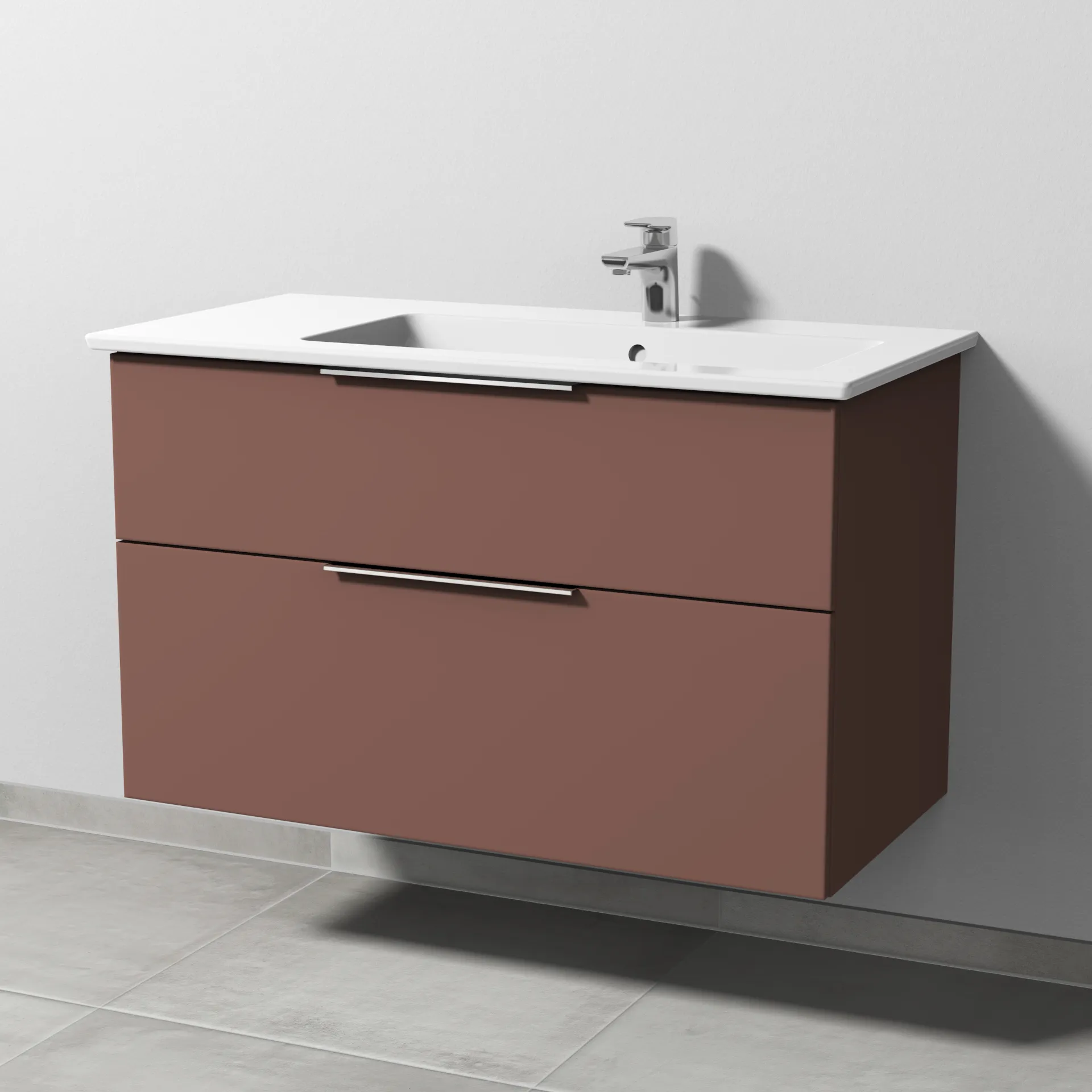Keramik-Waschtisch-Set mit Waschtischunterschrank „3way“ 95,5 × 47,7 × 59,1 cm in Wine-Red, mit Hahnlochbohrung, Becken rechts