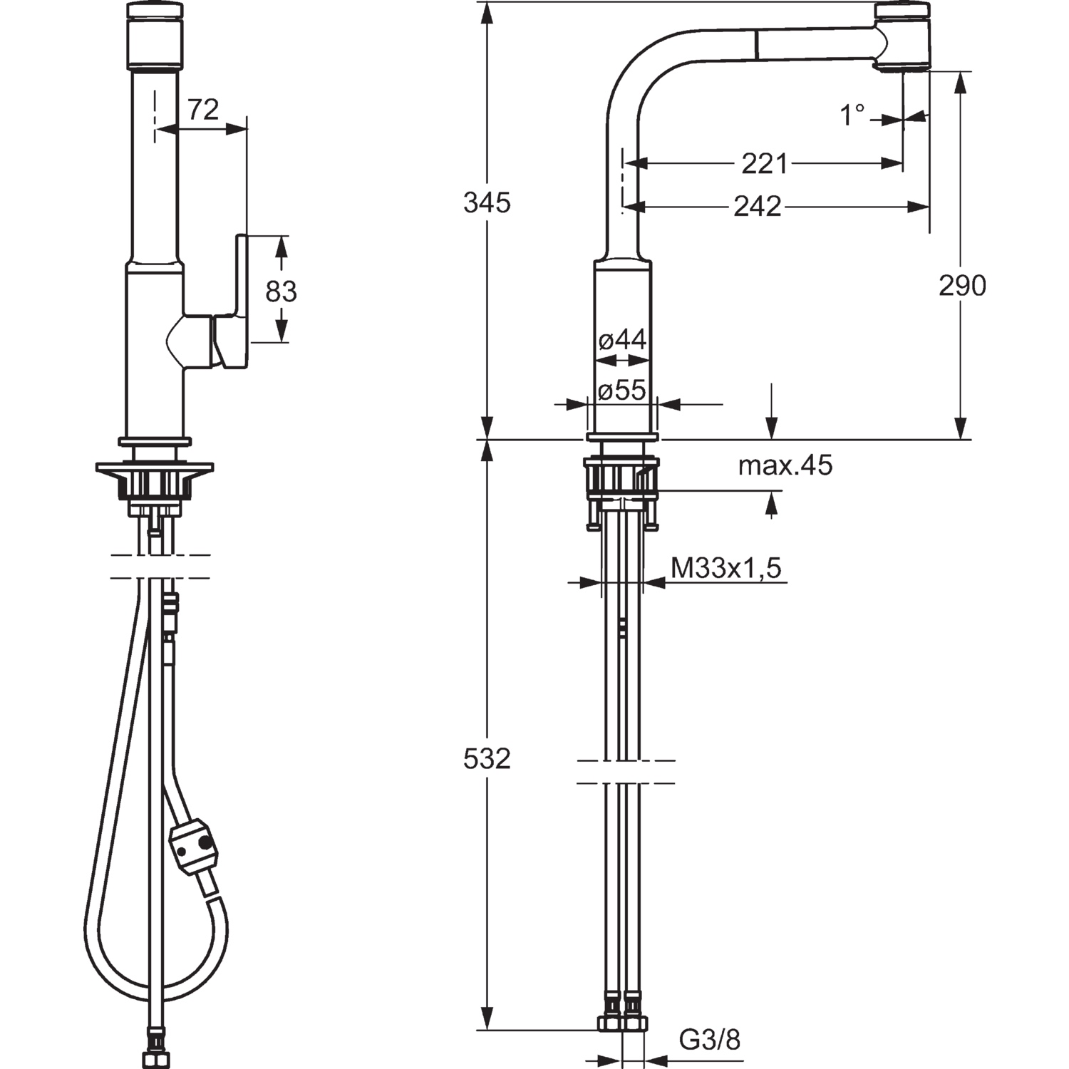 HA Einhebelmischer Küchenarmatur HANSARONDA 5491 2-strahlig Ausladung 221 mm DN15 Chrom