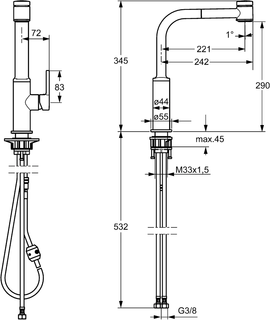 HansaRONDA Einhebelmischer Küchenarmatur HansaRONDA 5491 2-strahlig Ausladung 221 mm DN15 Chrom
