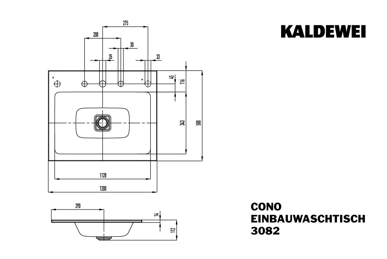 Doppelwaschtisch „Cono“ 120 × 50 cm, mit Hahnlochbohrung, ohne Überlauf, mittig in alpinweiß mit Perl-Effekt