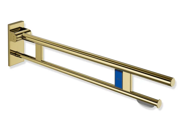 HEWI Stützklappgriff Duo, System 900, Edelstahl PVD gold glänzend, Ausladung 900 mm, mit WC-Papierhalter und Funk-Spülauslösung, links