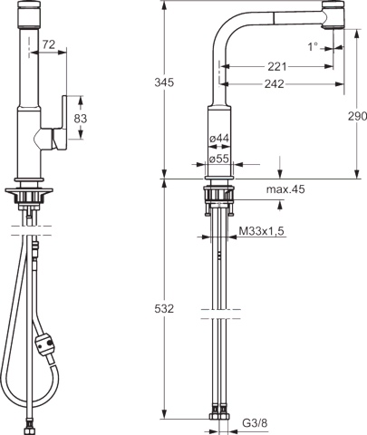 HA Einhebelmischer Küchenarmatur HANSARONDA 5491 2-strahlig Ausladung 221 mm DN15 Chrom