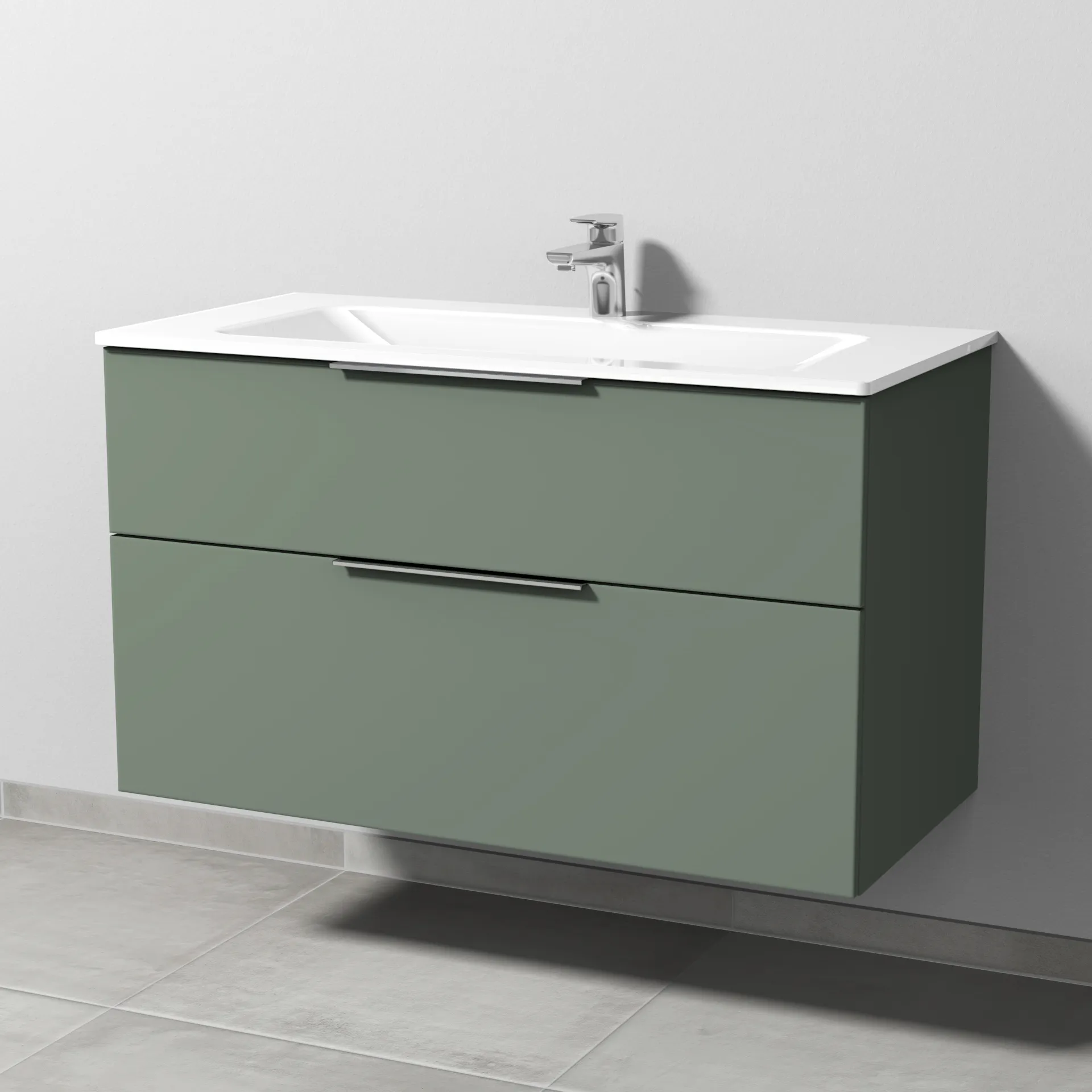 Glas-Waschtisch-Set mit Waschtischunterschrank „3way“ 100 × 48,7 × 58,2 cm in Soft-Green, mit Hahnlochbohrung Glas-Waschtisch-Set mit Waschtischunterschrank „3way“ 100 × 48,7 × 58,2 cm in Soft-Green, mit Hahnlochbohrung