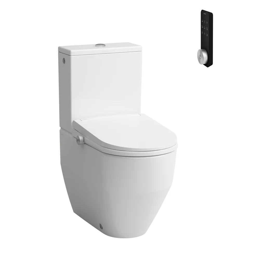 CLEANET PRO Spülrandlose Stand-WC-Kombination, Abgang waagrecht oder senkrecht Tiefspüler für 4,5/3l-Spülung mit Dusch-WC Aufsatz mit Fernbedeinung, Fön & Sitzheizung, weiß