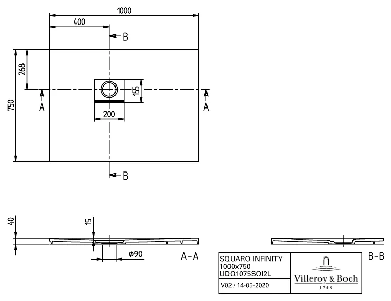 Villeroy & Boch rechteck Duschwanne „Squaro Infinity“ Eck-Einbau links gegen Wand 100 × 75 cm