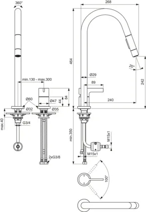 Ideal Standard Gusto 2-Loch-Küchenarmatur Ausladung 240mm 2-Funktions-Brause Chrom Ideal Standard Gusto 2-Loch-Küchenarmatur Ausladung 240mm 2-Funktions-Brause Chrom
