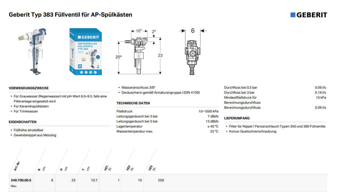 Geberit Typ 383 Füllventil, für AP-Spülkästen Geberit Typ 383 Füllventil, für AP-Spülkästen