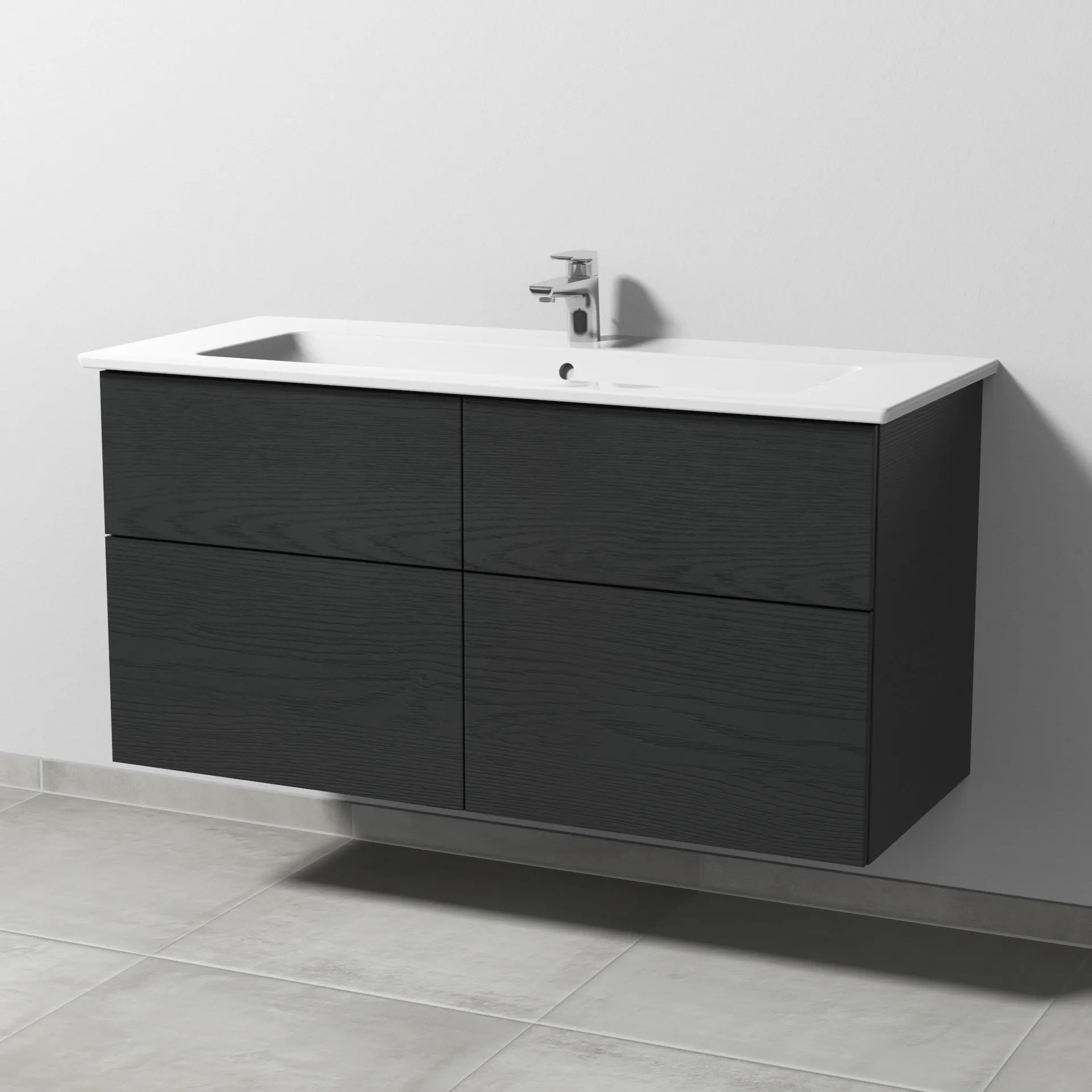 Keramik-Waschtisch-Set mit Waschtischunterschrank „3way“ 115,5 × 47,7 × 59,1 cm in Black Oak, mit Hahnlochbohrung, Becken mittig