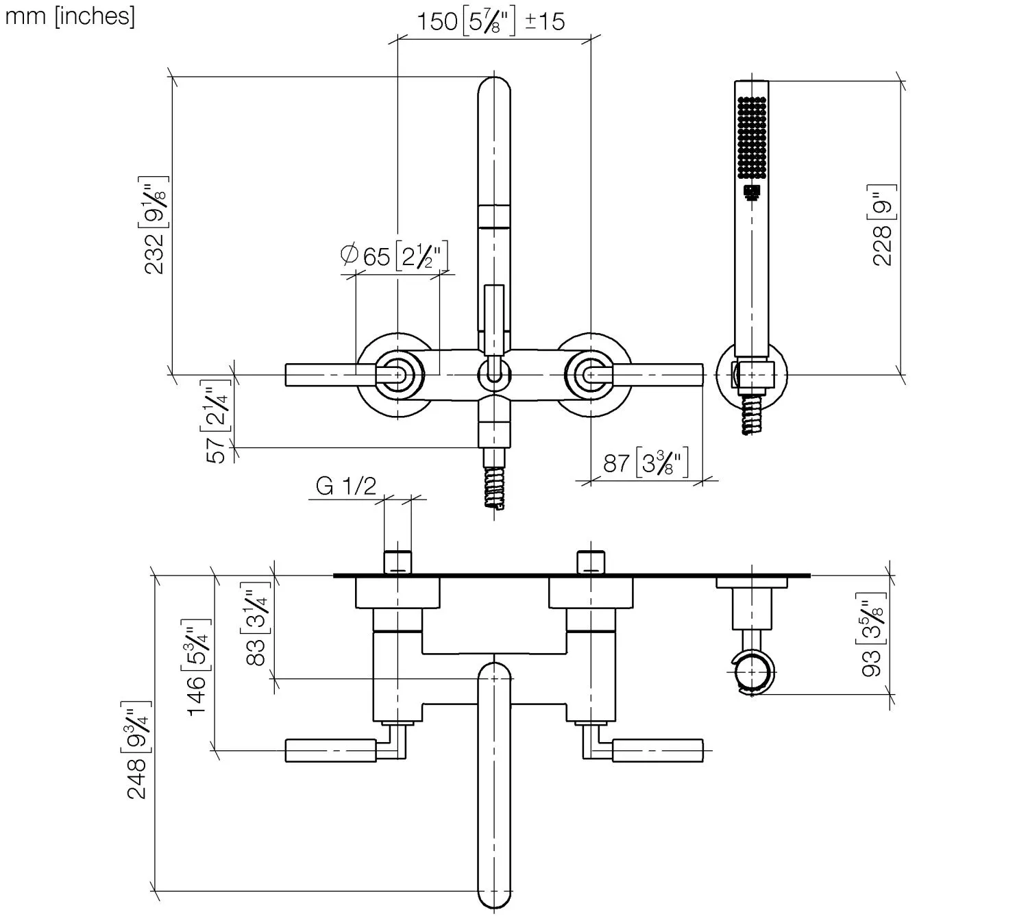 Wannenbatterie für Wandmontage mit Schlauchbrausegarnitur TARA Chrom 25133882