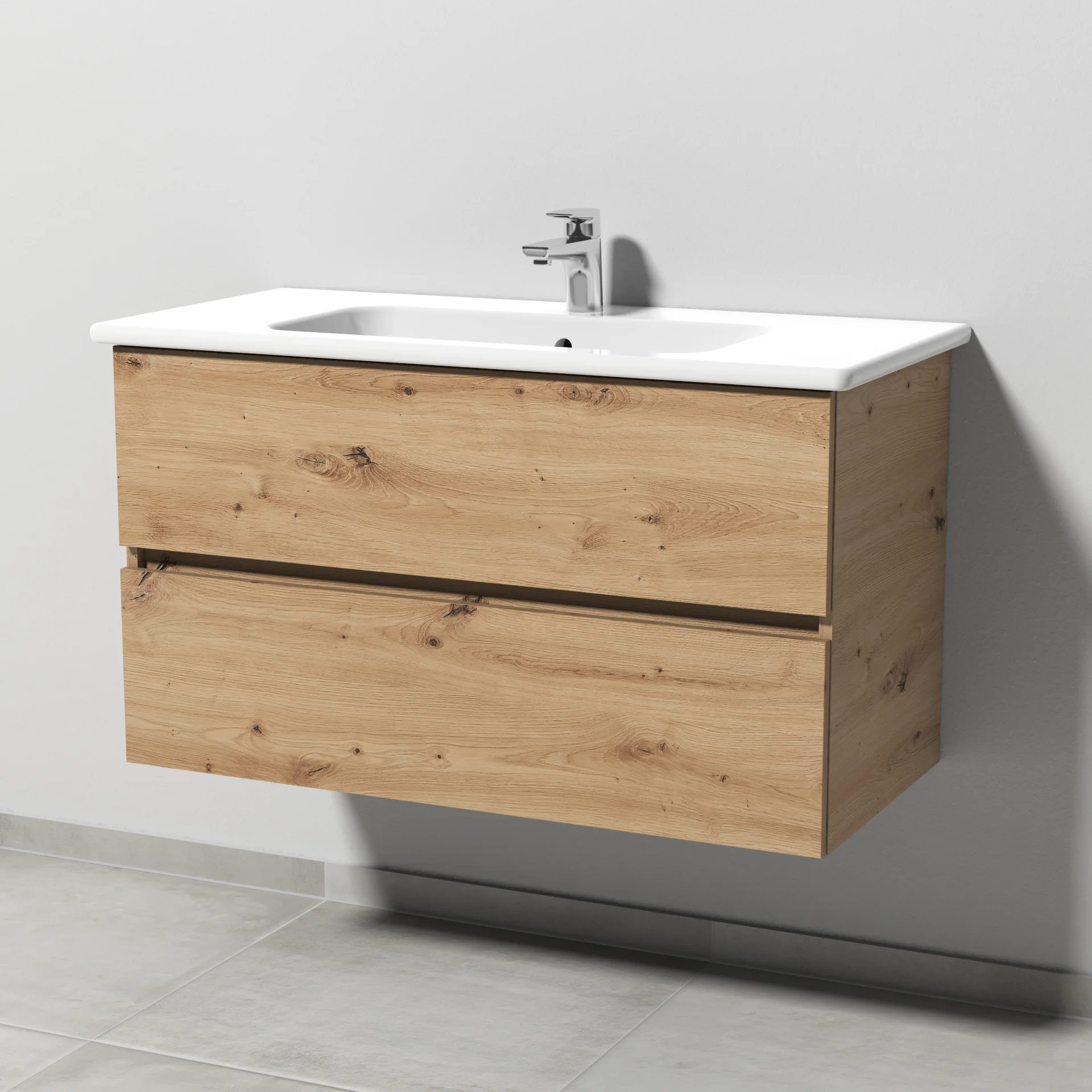 Sanipa Solo One Euphoria Set - Keramik-Waschtisch in Weiß-Alpin mit 1-Loch-Armaturbohrung und Überlaufloch, Waschtischunterbau mit 2 Auszügen, Maße: 555 x 950 x 450 mm