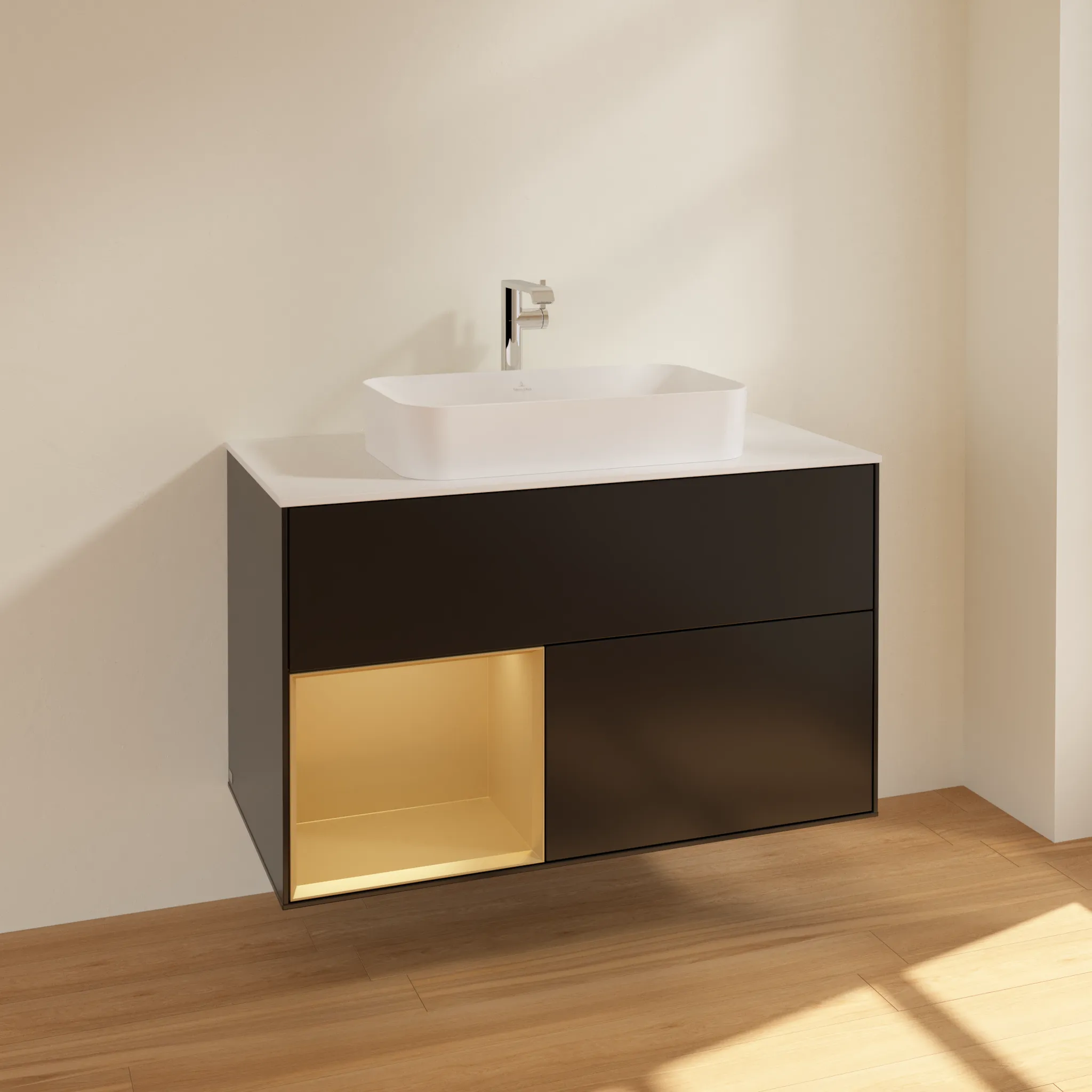 Villeroy & Boch Waschbeckenunterschrank Finion F24, 1000x603x501 mm, Black Matt Lacquer mit Gold Regal, Beleuchtung dimmbar, Push-to-open, SoftClosing