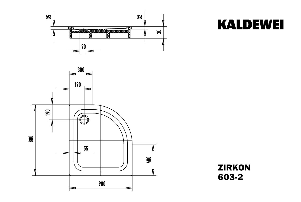 Kaldewei viertelkreis Duschwanne „Zirkon“ 90 × 80 cm  mit Antislip