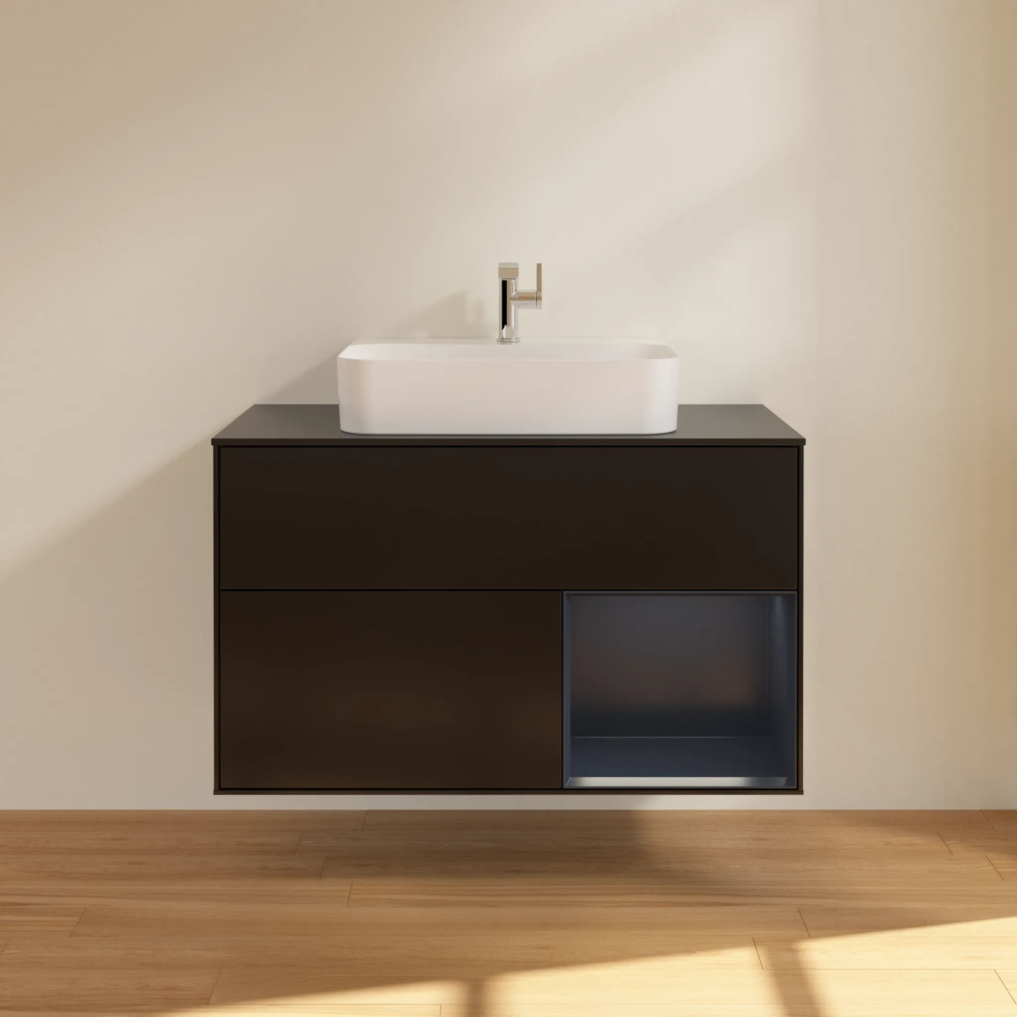 Villeroy & Boch Waschbeckenunterschrank Finion F12, 1000x603x501 mm, Black Matt Lacquer / Midnight Blue Matt Lacquer, mit Beleuchtung und Push-to-open Funktion Villeroy & Boch Waschbeckenunterschrank Finion F12, 1000x603x501 mm, Black Matt Lacquer / Midnight Blue Matt Lacquer, mit Beleuchtung und Push-to-open Funktion