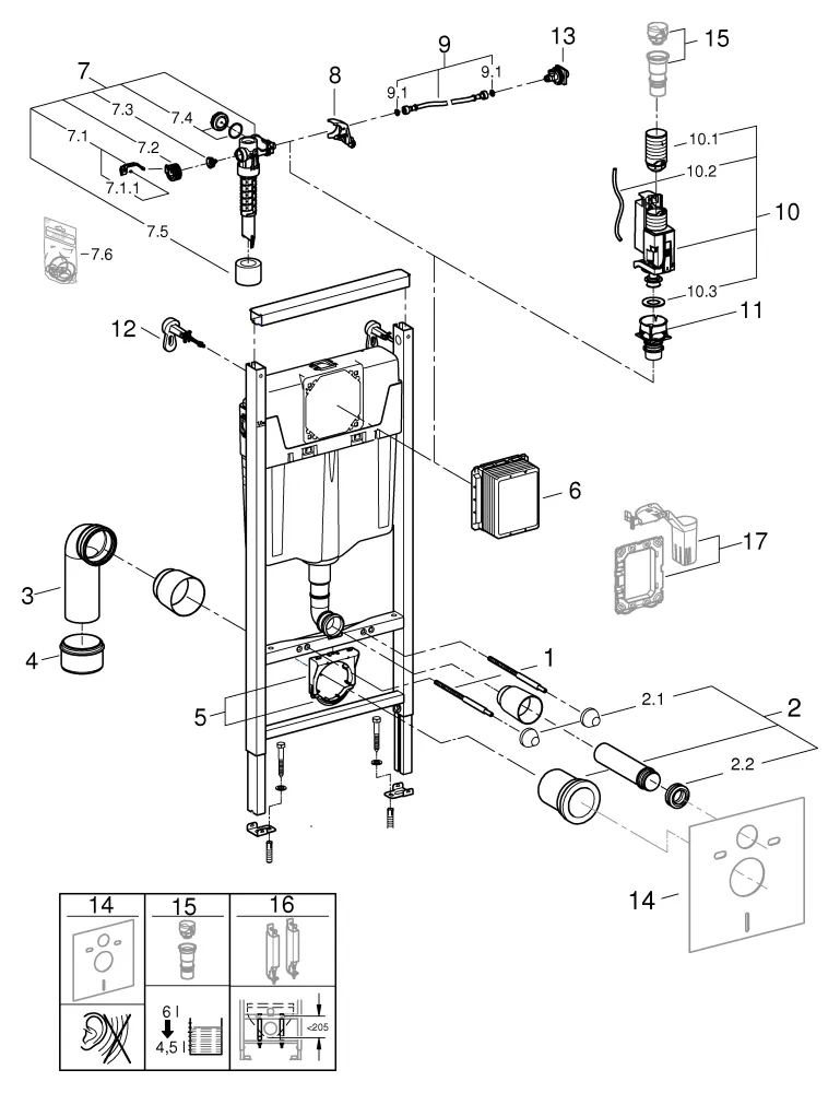 WC-Element Rapid SL 38848, 1,13 m Bauhöhe, für Vorwand- oder Ständerwandmontage, ohne Wandwinkel und Revisionsschacht für kleine Abdeckplatten