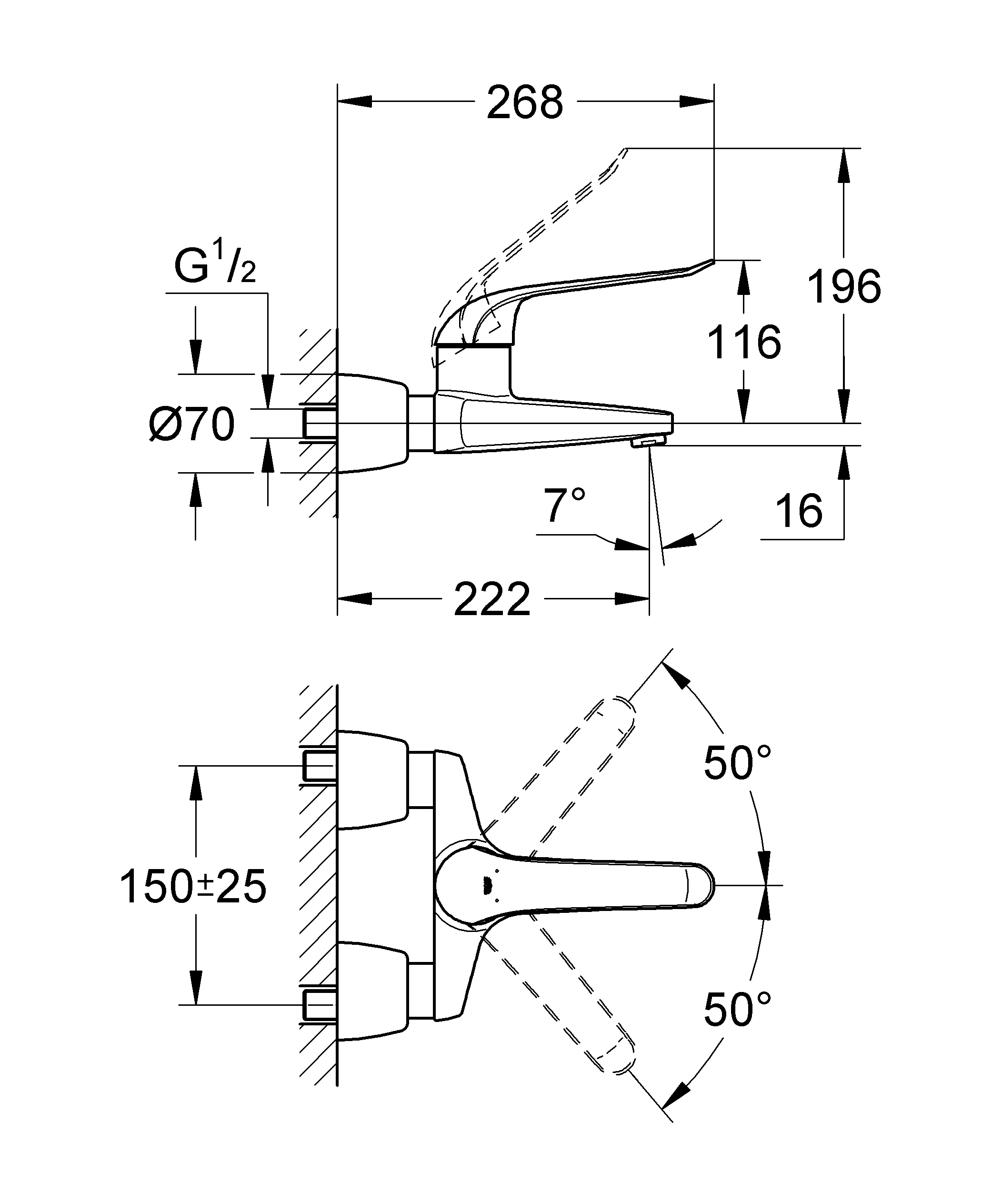 Einhand-Waschtischbatterie Euroeco Special 32779, Wandmontage, Ausladung 221 mm, 46 mm Keramikkartusche, Hebellänge 170 mm, chrom