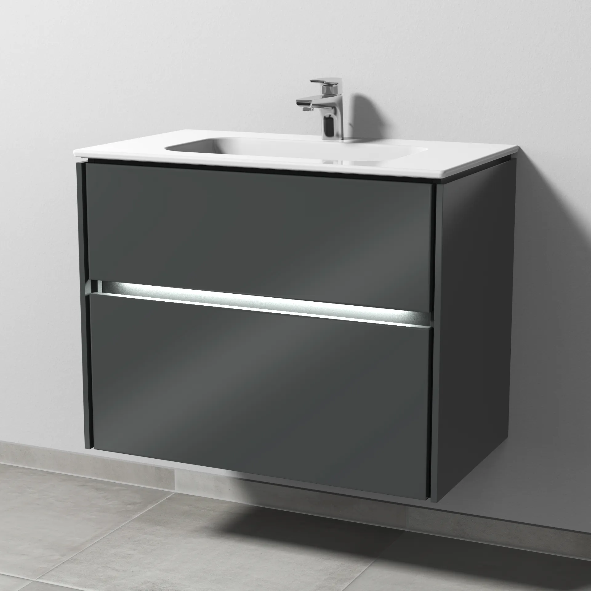 Keramik-Waschtisch-Set mit Waschtischunterschrank „Twiga“ 79 × 46 × 61 cm in Anthrazit (glanz), mit Hahnlochbohrung, mit Beleuchtung Keramik-Waschtisch-Set mit Waschtischunterschrank „Twiga“ 79 × 46 × 61 cm in Anthrazit (glanz), mit Hahnlochbohrung, mit Beleuchtung