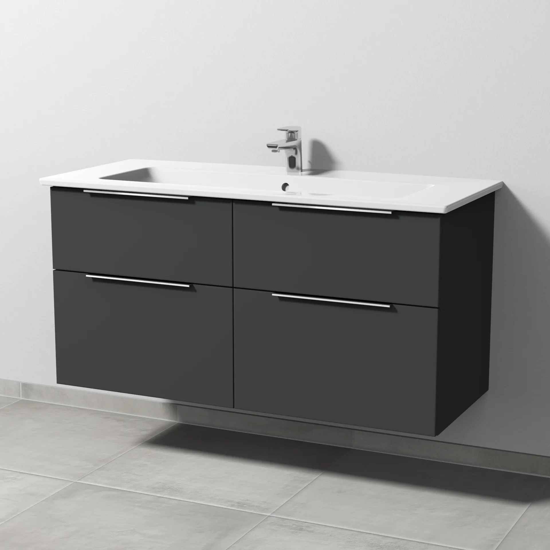 Keramik-Waschtisch-Set mit Waschtischunterschrank „3way“ 115,5 × 47,7 × 59,1 cm in Graphit (matt), mit Hahnlochbohrung, Becken mittig