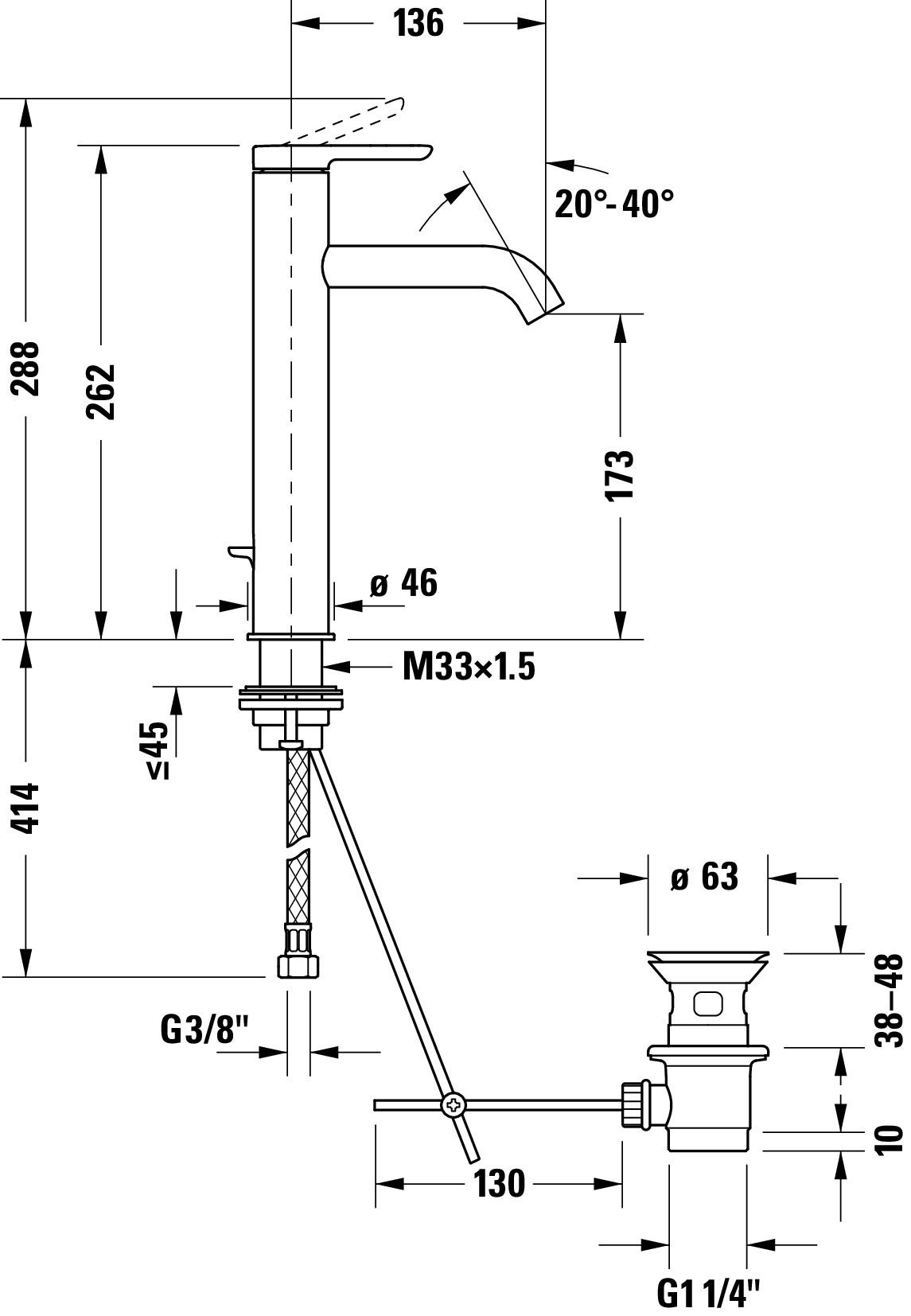 C.1 Einhebel-Waschtischmischer L Höhe 262 Ausladung 136 mm