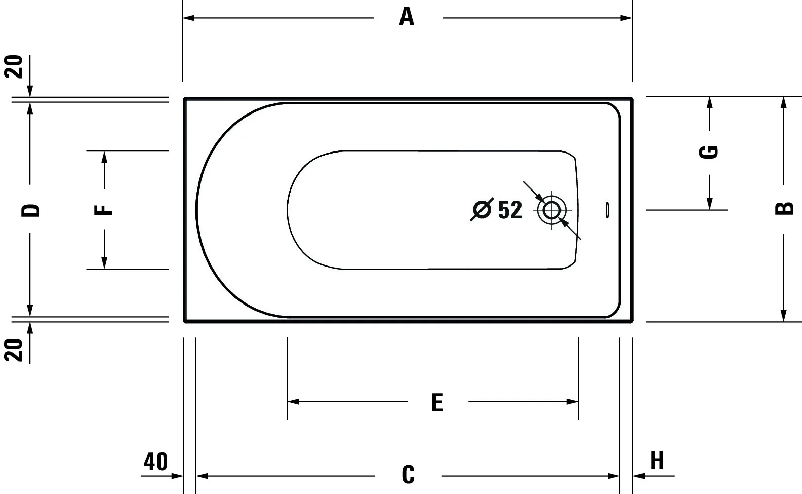 Duravit Whirlwanne „D-Neo“ rechteck 170 × 75 cm, Fußablauf