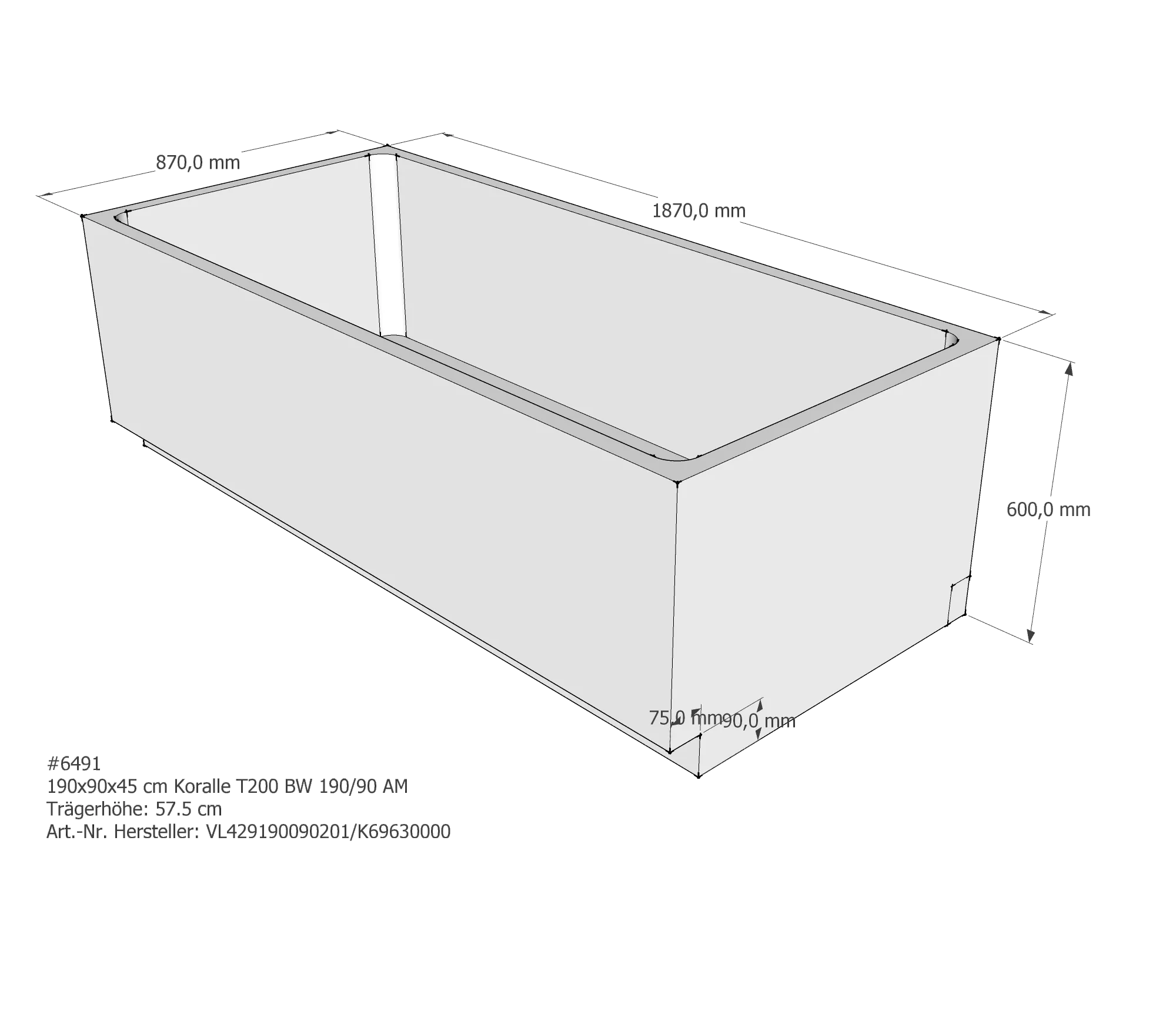Badewannenträger für Koralle T200 BW 190/90 190 × 90 × 45 cm