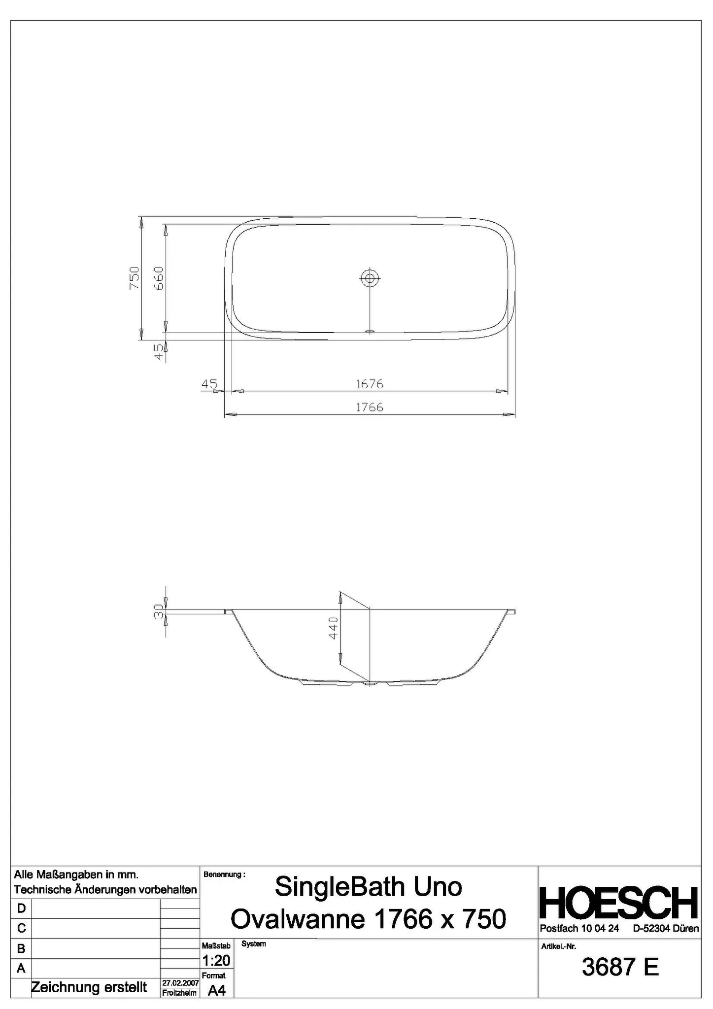 Hoesch Badewanne „Singlebath“ Uno rechteck 176,6 × 75 cm in Weiß