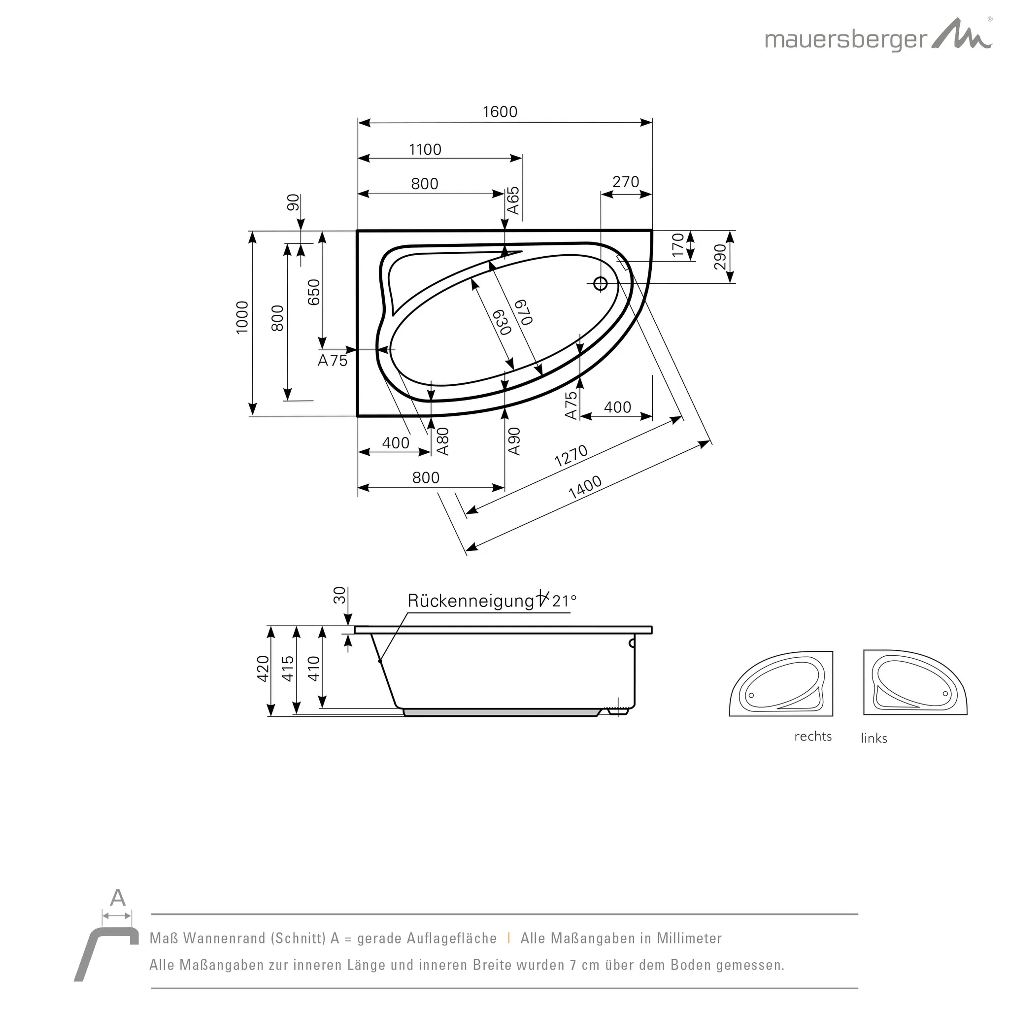 Mauersberger aspera Acryl-Badewanne 160⁄100 rechts, weiß Mauersberger aspera Acryl-Badewanne 160⁄100 rechts, weiß
