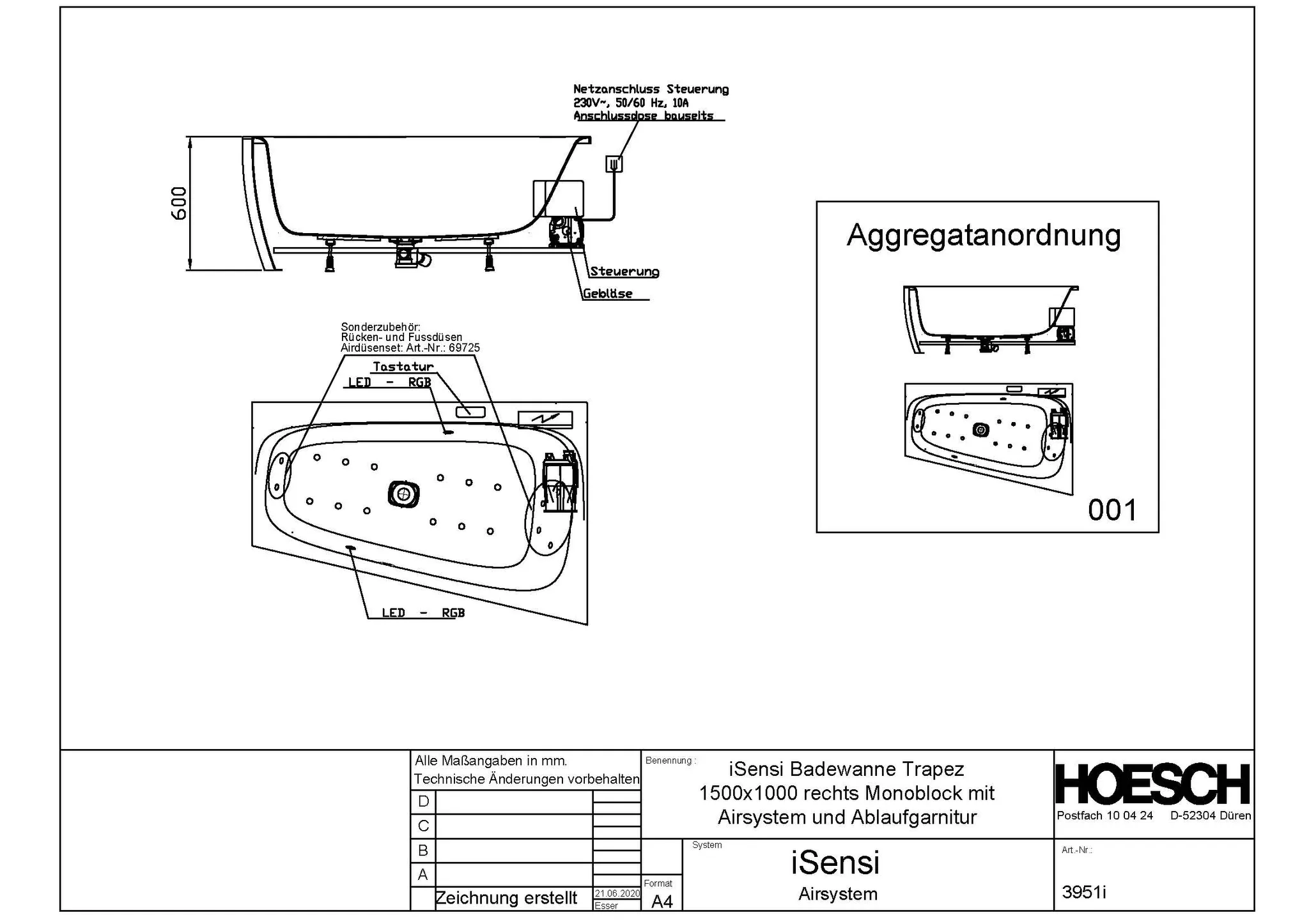 Hoesch Whirlwanne „iSensi“ Monolith mit Airsystem „iSensi“ trapez 150 × 100 cm, rechts in Weiß-Schwarz