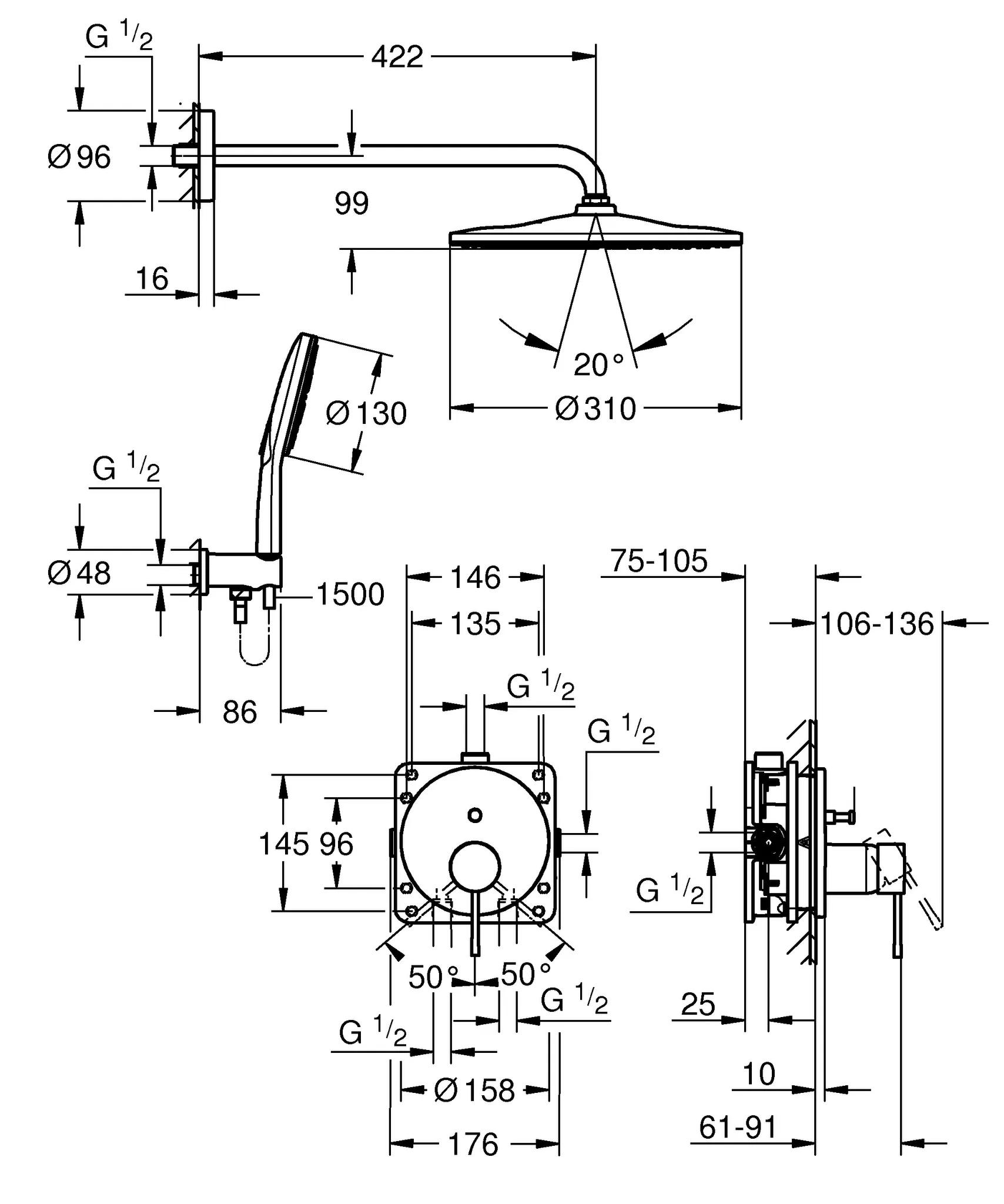 Grohe Essence Duschsystem Unterputz mit Rainshower Mono 310, hard graphite gebürstet Grohe Essence Duschsystem Unterputz mit Rainshower Mono 310, hard graphite gebürstet