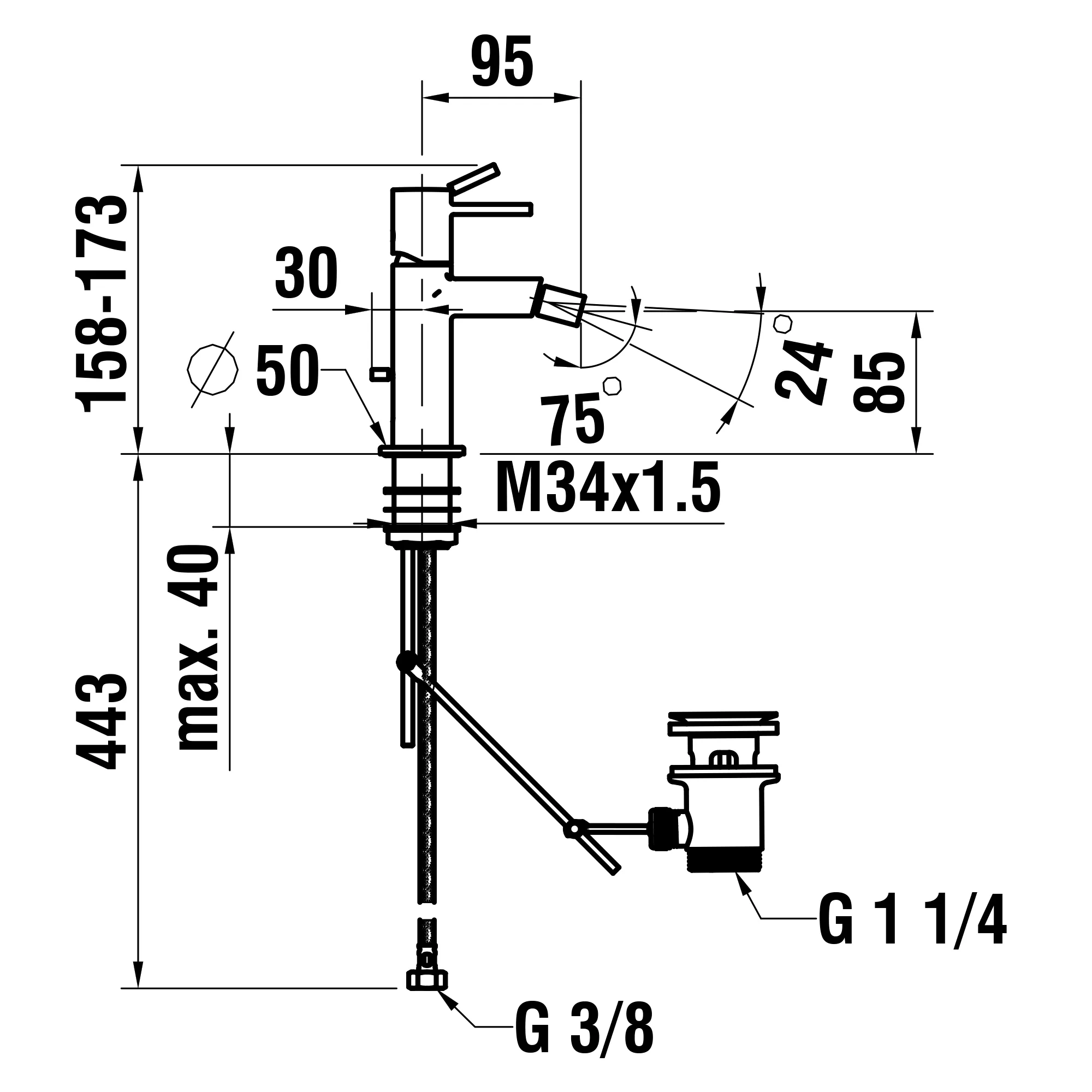 Einhebel-Bidetmischer MEDA Festauslauf Ausladung 95 mm mit Ablaufventil chrom