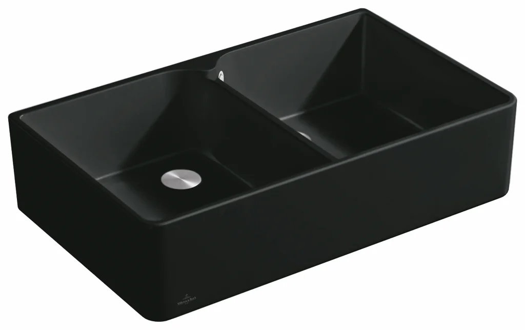 Villeroy & Boch Spülstein Doppelbecken 90 X 639002, 900 x 550 mm, inklusive Ablaufgarnitur mit Excenterbetätigung, aus Keramik, Stone White CeramicPlus