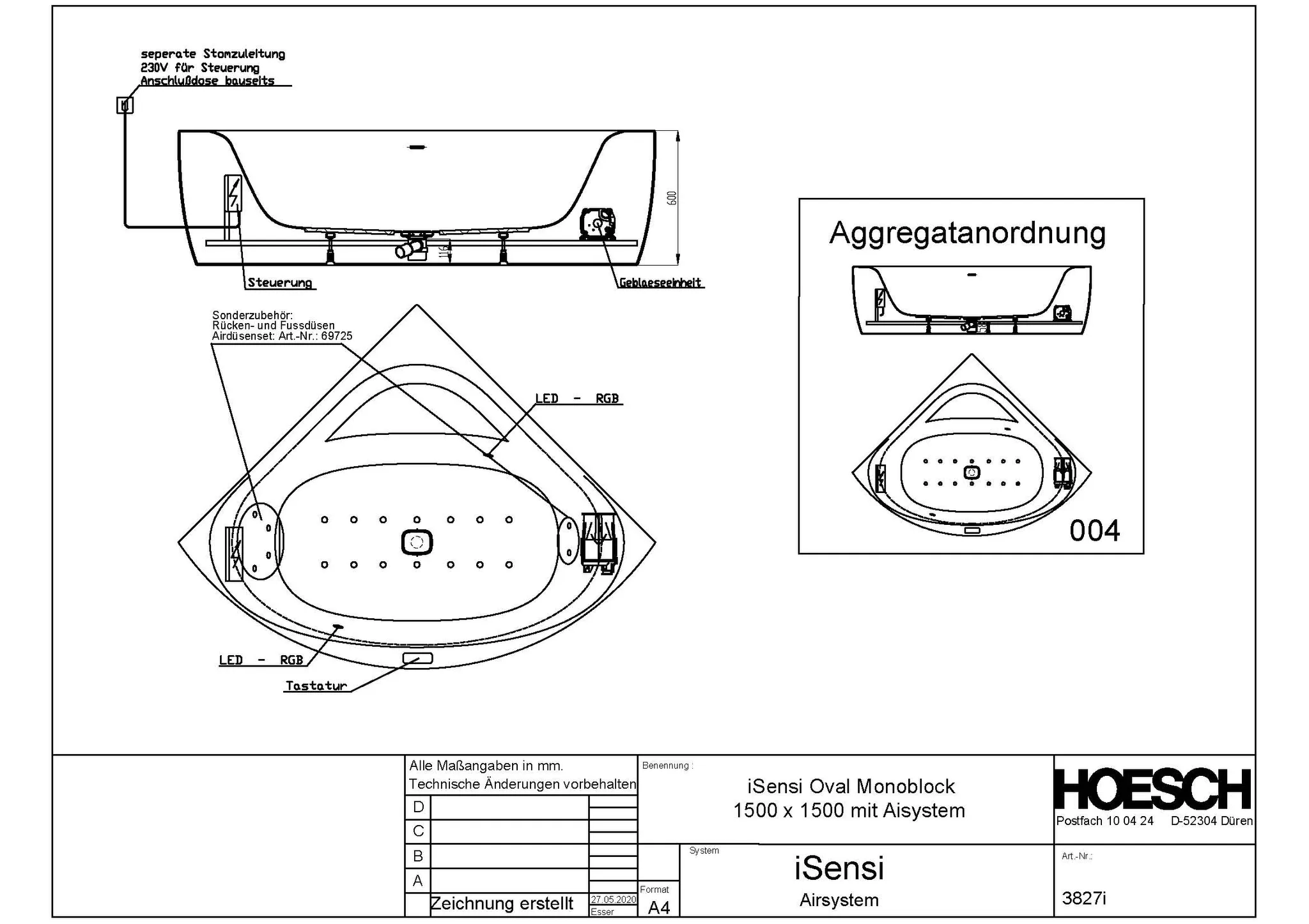 Hoesch Whirlwanne „iSensi“ Monolith mit Airsystem „iSensi“ eck 150 × 150 cm in Weiß-Grau