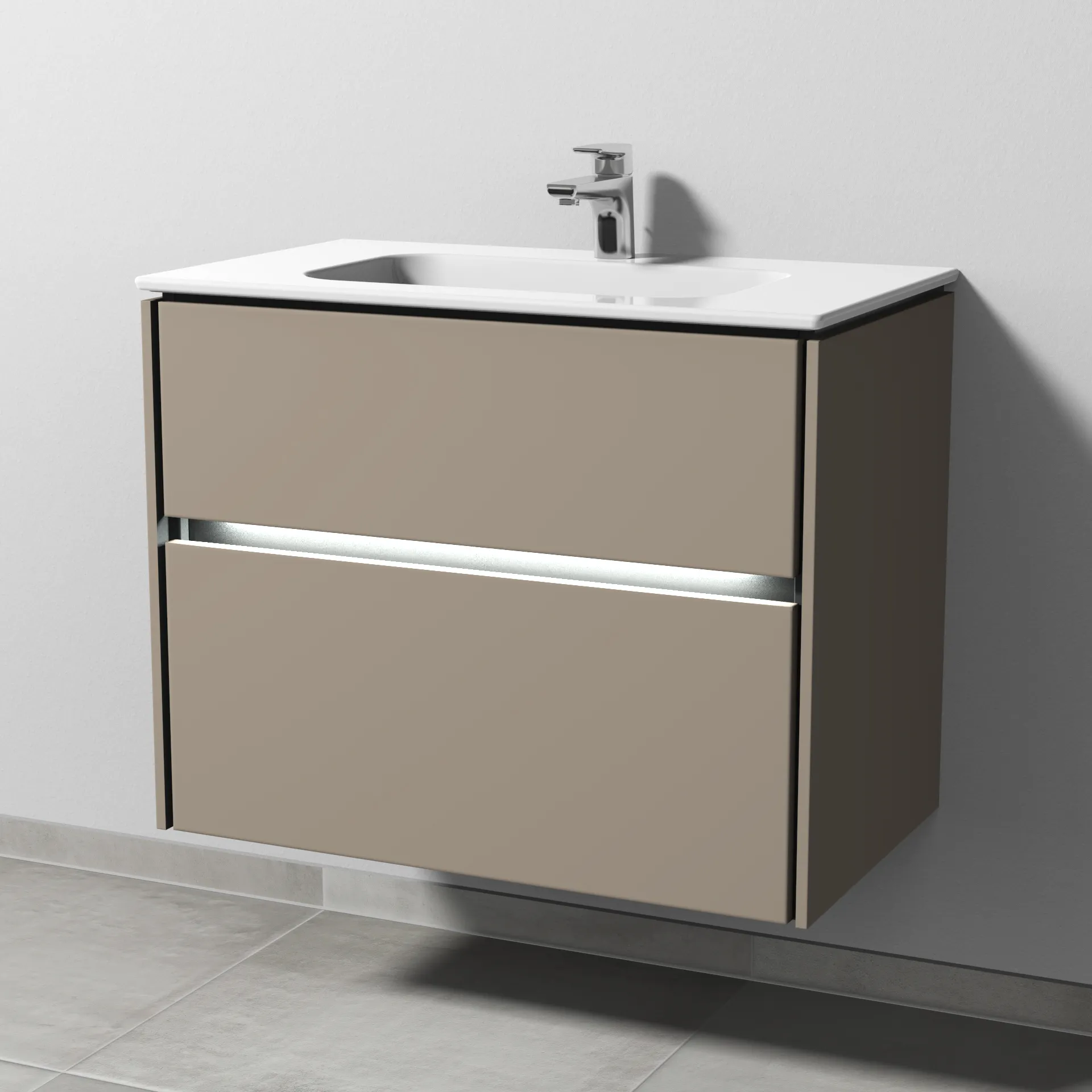 Keramik-Waschtisch-Set mit Waschtischunterschrank „Twiga“ 79 × 46 × 61 cm in Sandgrau (matt), mit Hahnlochbohrung, mit Beleuchtung