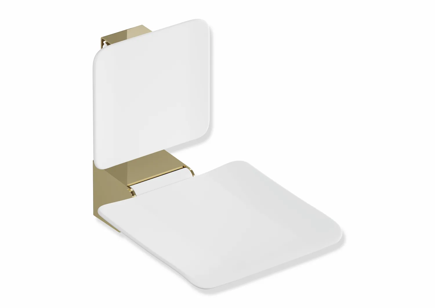 Klappsitz des Systems 900, Wandkonsole aus Edelstahl, PVD, Sitzfläche und Rückenlehne aus strukturiertem Kunststoff, weiß, Sitzfläche 450 mm breit, 450 mm tief, in Farbe CK (Messing glänzend) Klappsitz des Systems 900, Wandkonsole aus Edelstahl, PVD, Sitzfläche und Rückenlehne aus strukturiertem Kunststoff, weiß, Sitzfläche 450 mm breit, 450 mm tief, in Farbe CK (Messing glänzend)