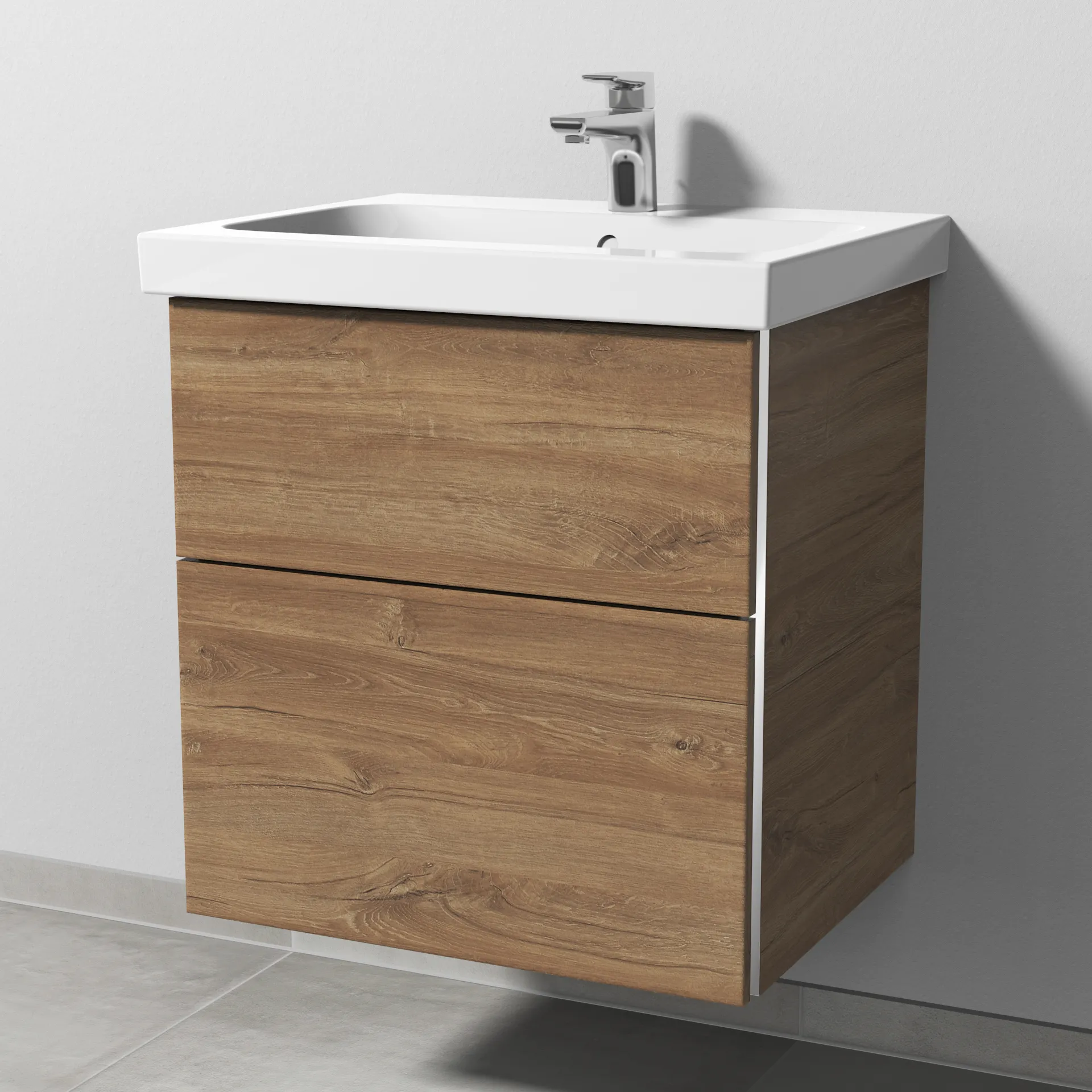 Sanipa Waschtischunterschrank „3way“ passend zu Keramik-Waschtische iCon Light von Geberit 560 × 591 × 462 mm in Eiche Kansas, Becken mittig, mit