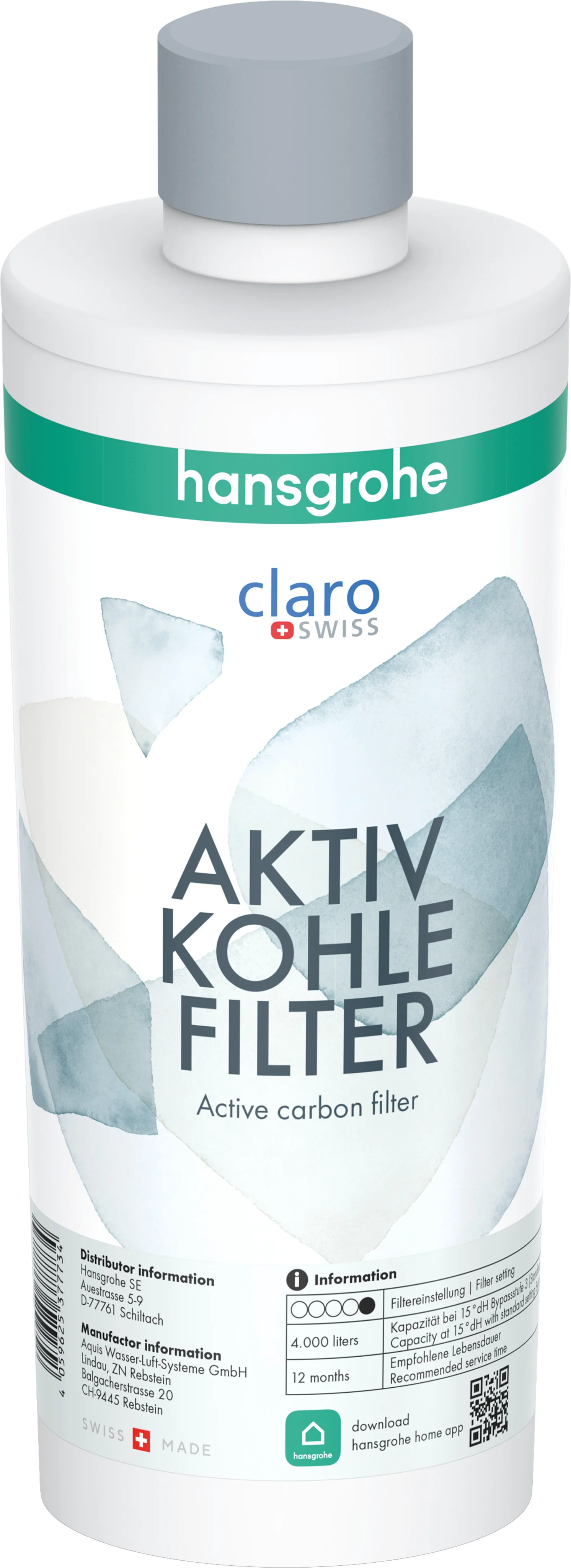 Hansgrohe Aktivkohle-Filter für SodaSystem und FilterSystem – reduziert Schadstoffe, verbessert Geschmack, Bajonettverschluss, Kapazität 4000 Liter