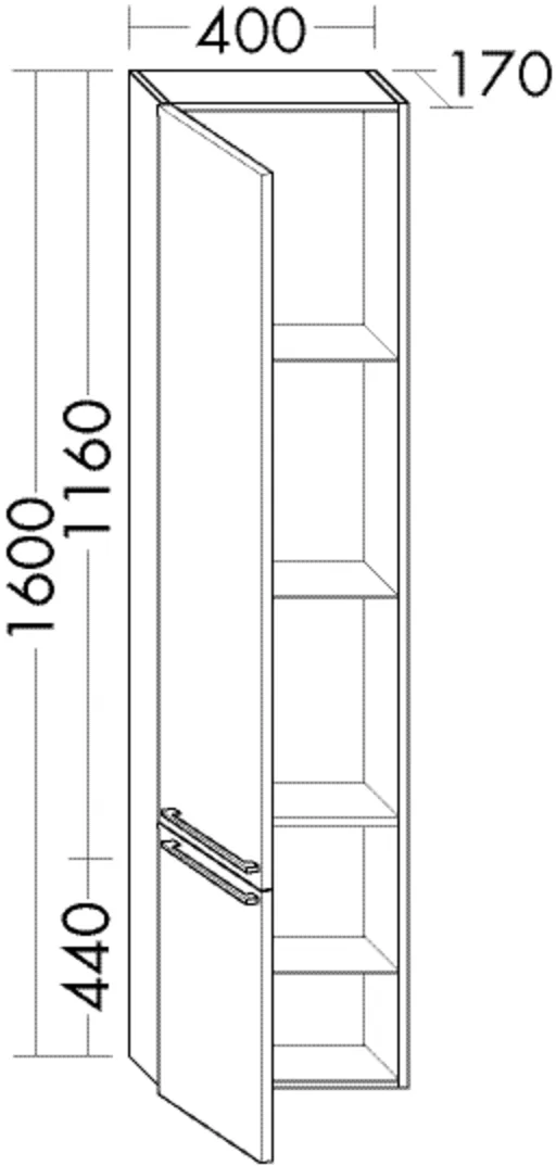Hochschrank, 2 Türen;3 Glaseinlegeböden;1 fester Boden, Tiefe: 170 mm, Breite: 400 mm, Höhe: 1600 mm