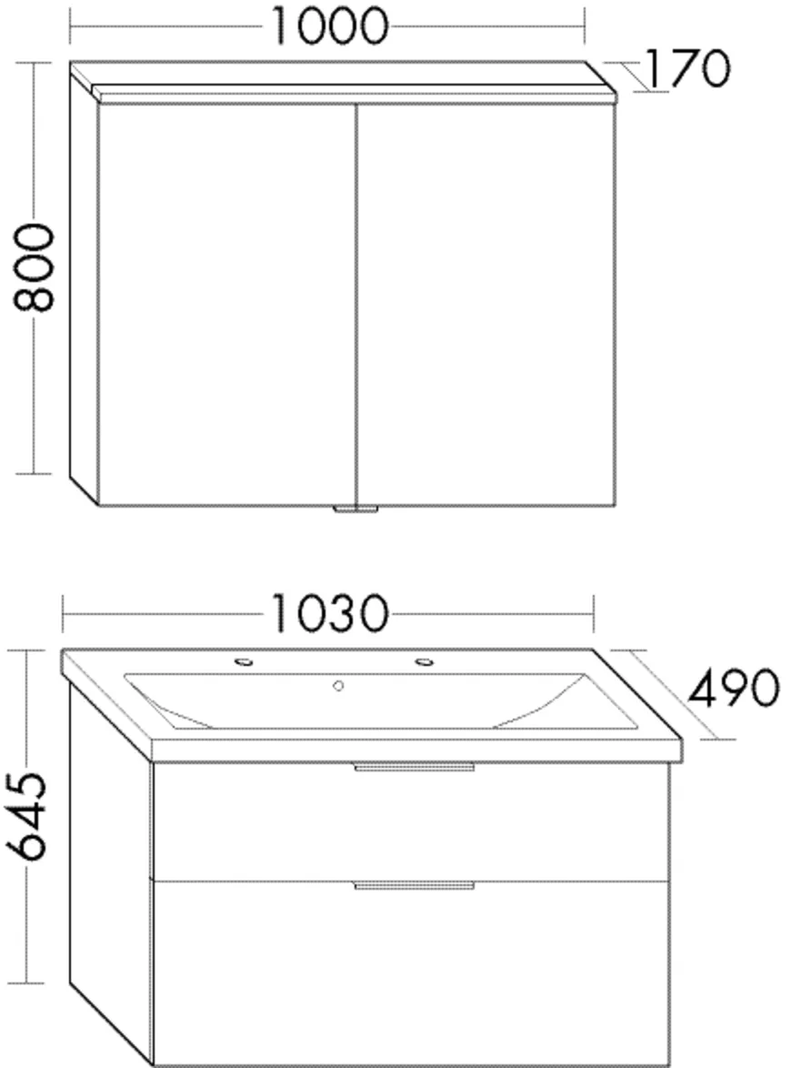 burgbad Badmöbelset Keramik-Waschtisch inkl. Waschtischunterschrank und Spiegelschrank „Eqio“ 103 cm Stangengriff, Schwarz Matt, Grau Hochglanz (Acryl)