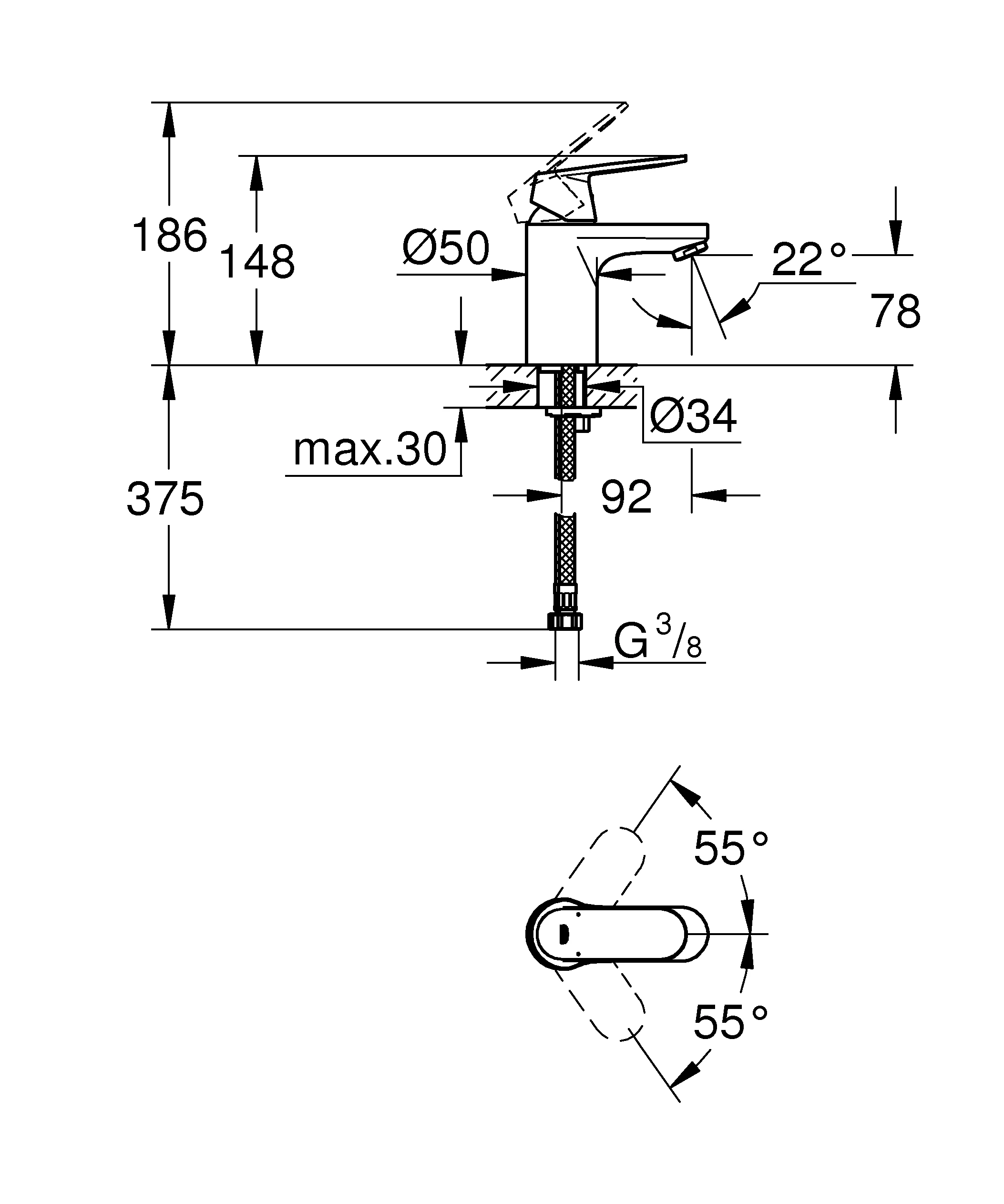 Einhand-Waschtischbatterie Eurosmart Cosmopolitan 32824, S-Size, Einlochmontage, glatter Körper, chrom