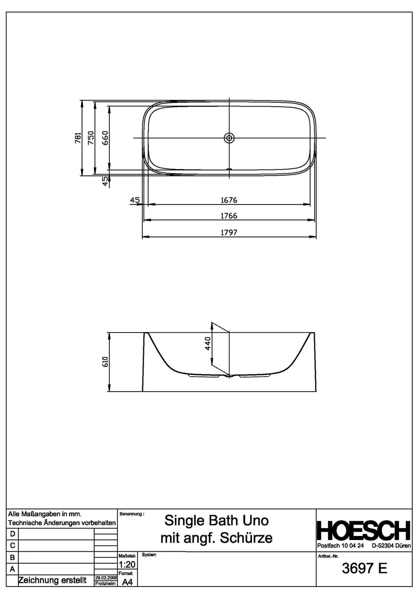 Hoesch SingleBath Uno freistehend mit angeformter Schürze, Weiß Hoesch SingleBath Uno freistehend mit angeformter Schürze, Weiß