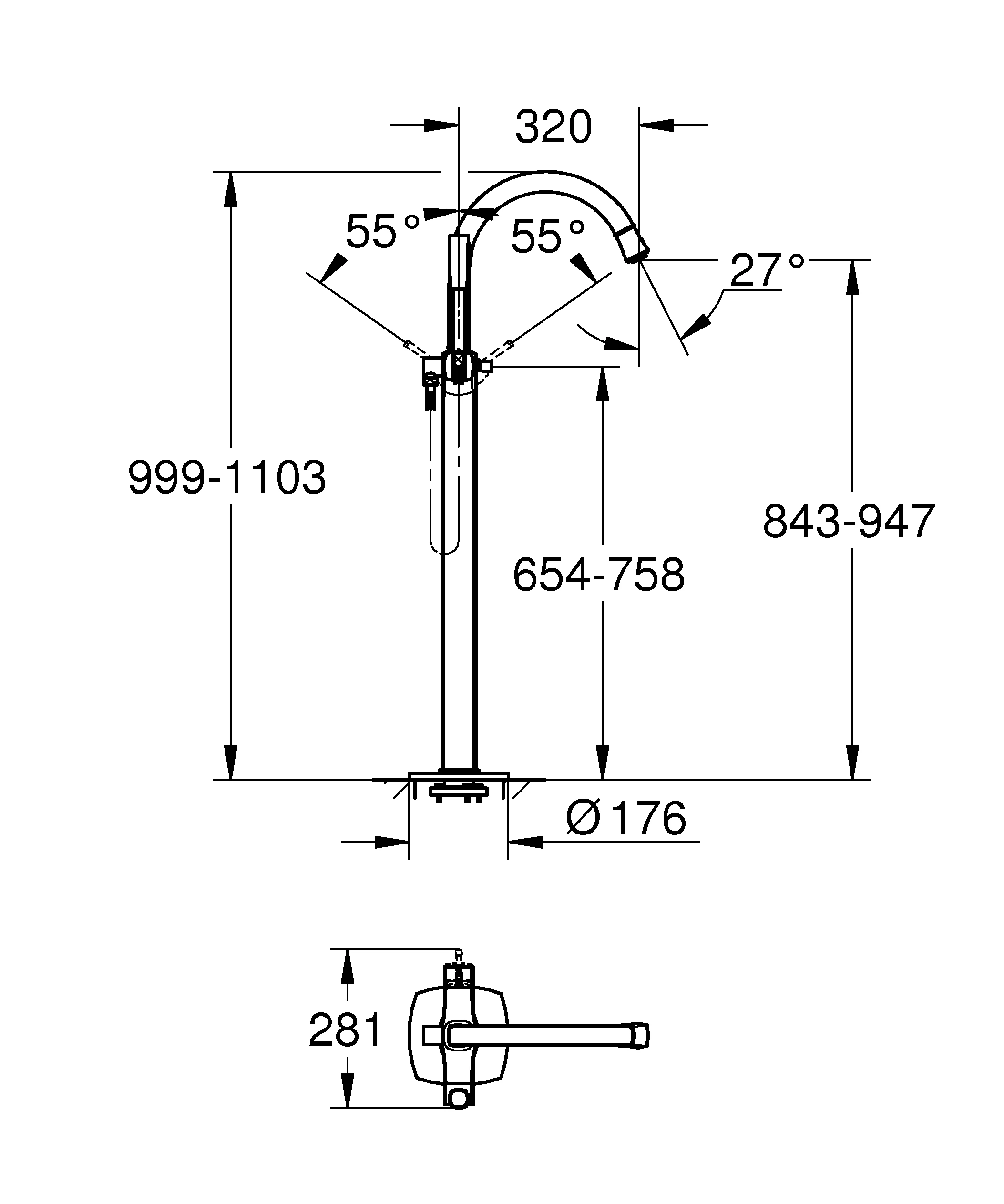 Einhand-Wannenbatterie Grandera 24375, Bodenmontage, Fertigmontageset für 45 984, mit Handbrauseset, eigensicher, chrom