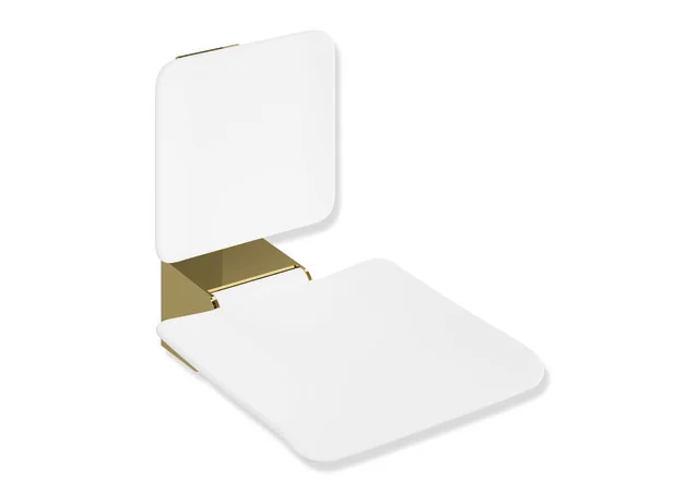 HEWI Klappsitz System 900, 450x650 mm, Gold glänzend, Wandkonsole aus Edelstahl PVD, Sitzfläche 450x450 mm, Rückenlehne weiss strukturiert HEWI Klappsitz System 900, 450x650 mm, Gold glänzend, Wandkonsole aus Edelstahl PVD, Sitzfläche 450x450 mm, Rückenlehne weiss strukturiert