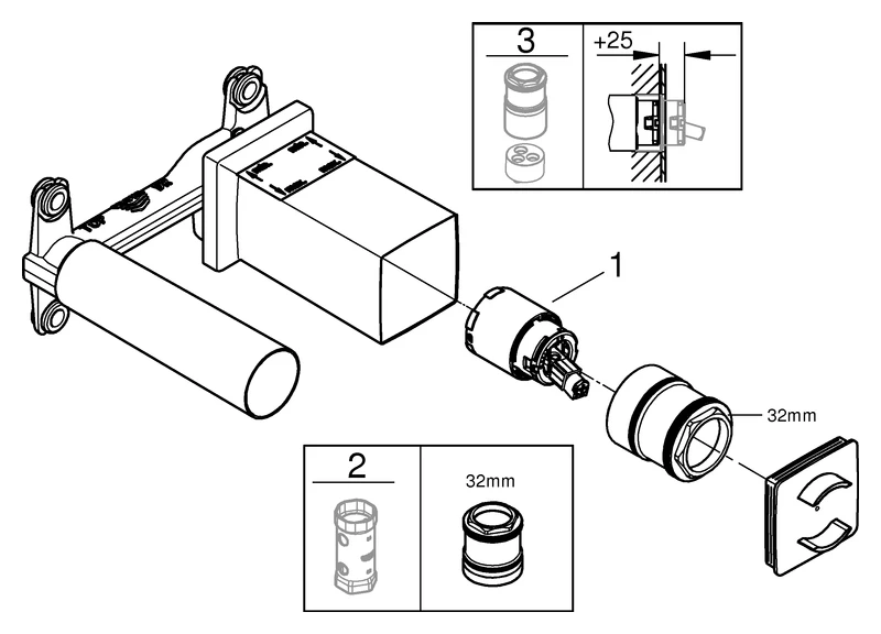 Einhand Unterputz-Universal-Einbaukörper 23200_2, DN 15, für 2-Loch-Waschtischbatterien Wandeinbau, 35 mm Keramikkartusche, mit Dichtmanschette, für normgerechte Wanddurchführung bei Wassereinwirkung nach DIN 18534:2017