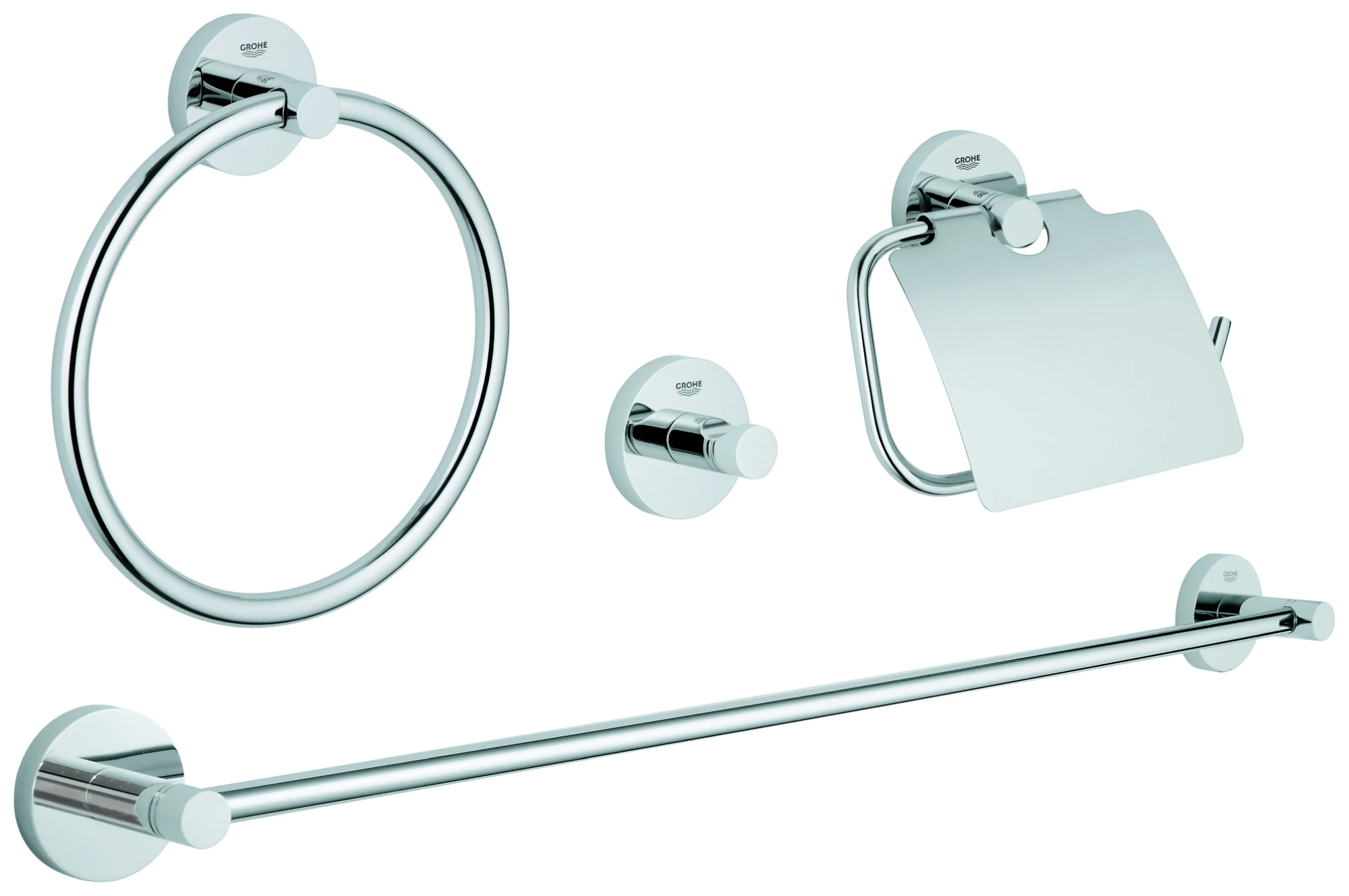 4-in-1 Bad-Set Essentials 40776_1, mit Handtuchring, Bademantelhaken, WC-Papierhalter, mit Deckel, Badetuchhalter 600 mm, chrom