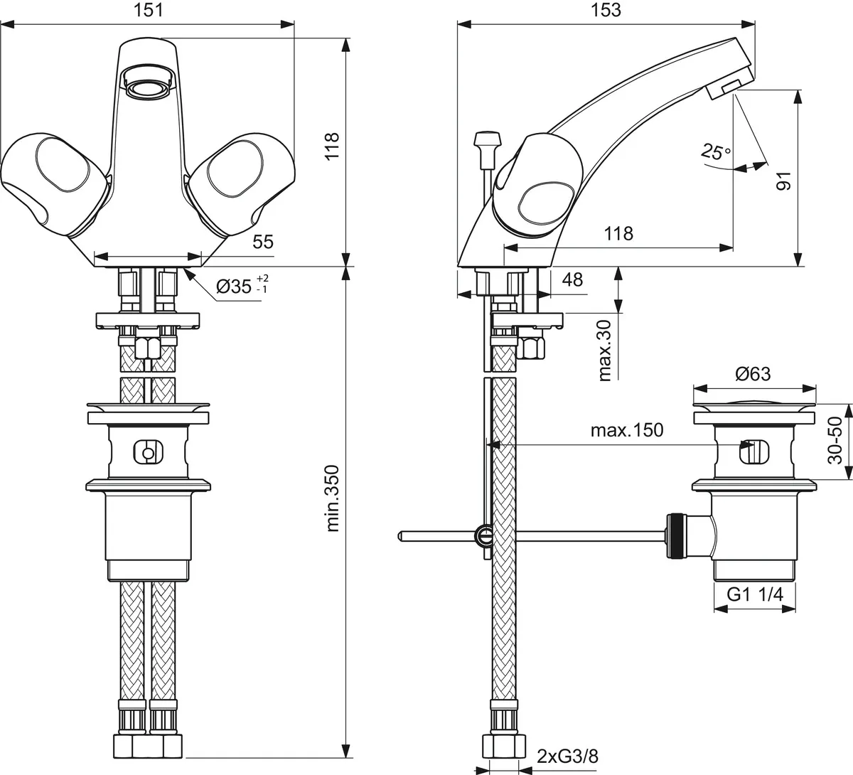 Ideal Standard ALPHA NEW Zweigriff-Waschtischarmatur Alpha B2036AA, Chrom Ideal Standard ALPHA NEW Zweigriff-Waschtischarmatur Alpha B2036AA, Chrom