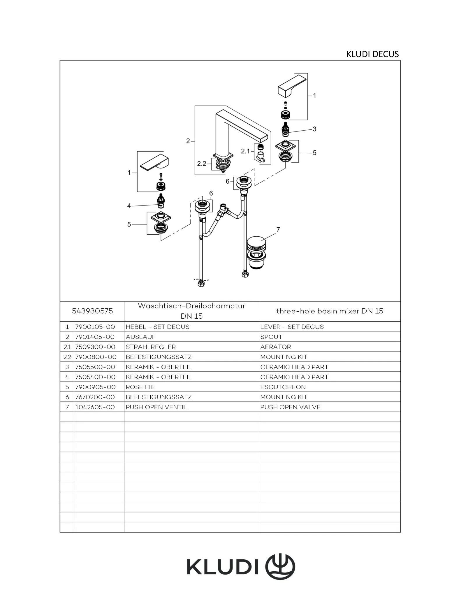 Kludi DECUS 3-Loch Waschtischmischer chrom, DN 15, Push-Open Ventil, 4,5 l/min Durchfluss, DVGW-zugelassen